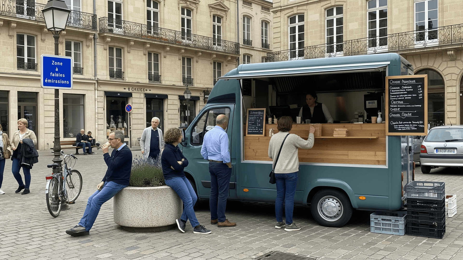 Food truck van vert en service dans une rue pavée, panneau "Zone à faibles émissions" visible. Clientèle commande.