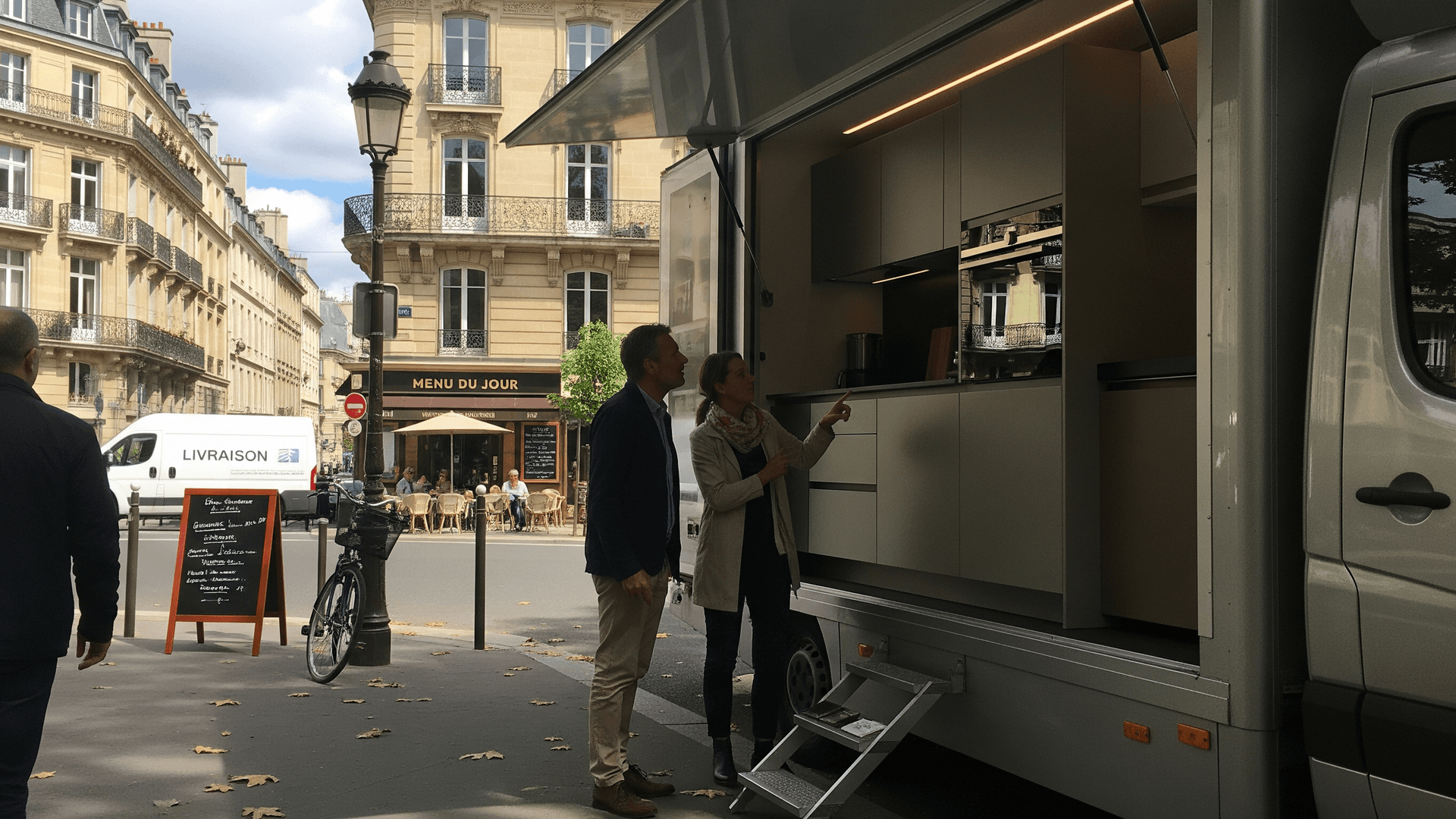 Food truck Venidom, cuisine professionnelle moderne intégrée, présentée à des clients dans une rue parisienne.