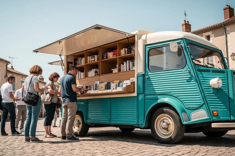 Food truck vert transformé en librairie mobile avec étagères en bois et clients feuilletant des livres