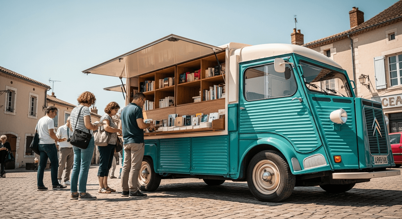 Food truck vert transformé en librairie mobile avec étagères en bois et clients feuilletant des livres