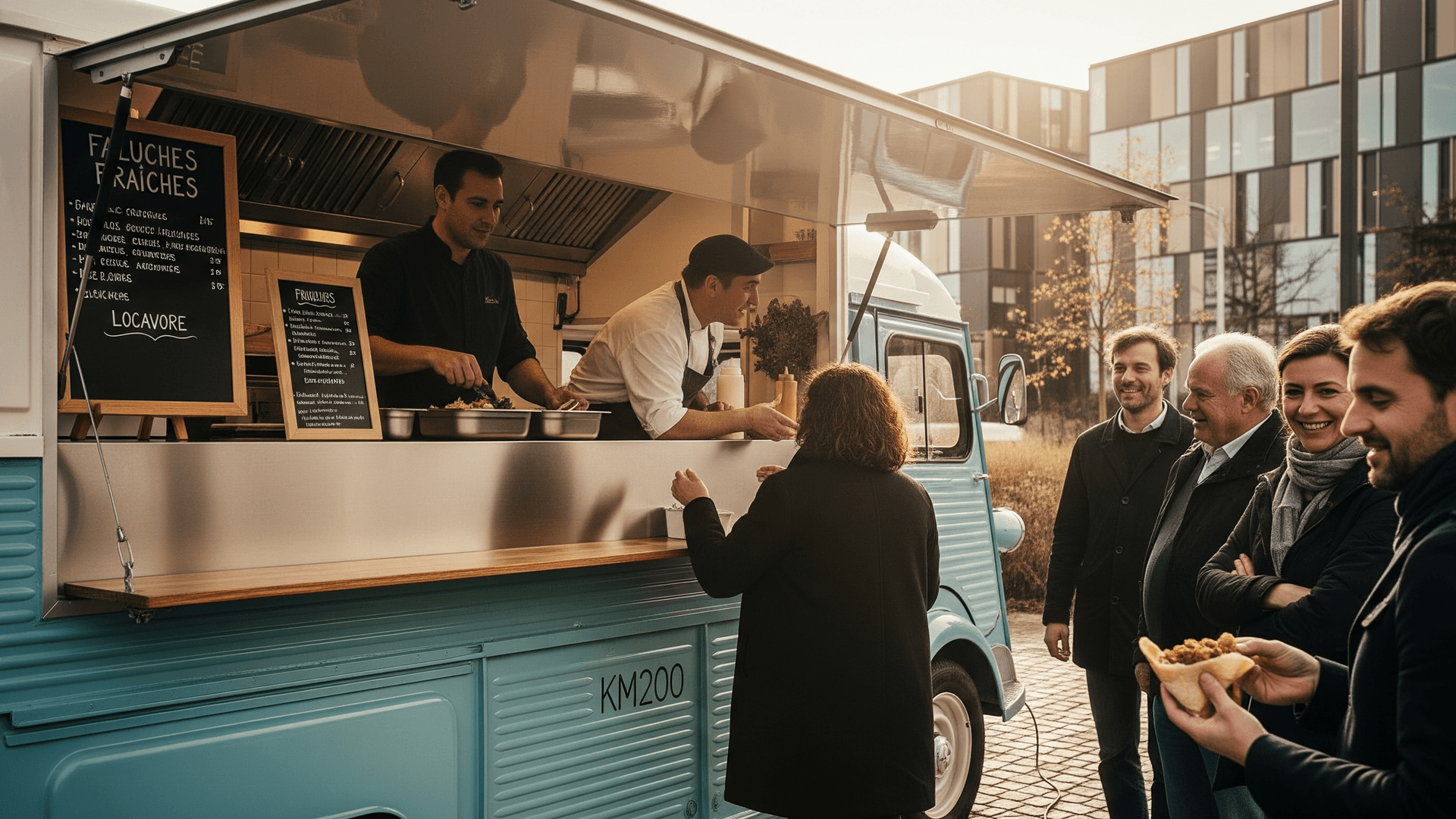 Food truck vintage bleu KM200 avec chefs servant falafels frais et plats locavores à des clients souriants en extérieur.