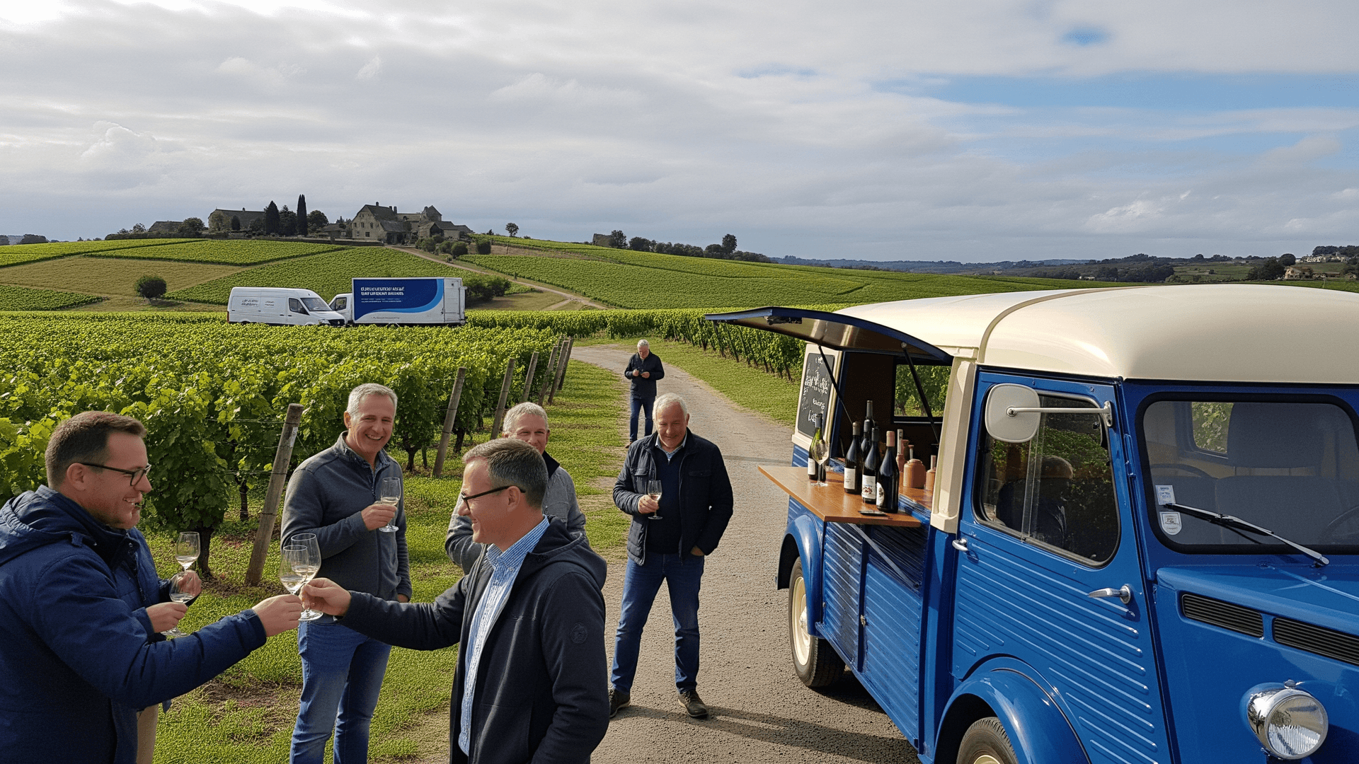 Food truck vintage Citroën Type H bleu, concept mobile bar à vin, avec dégustation en vignoble.