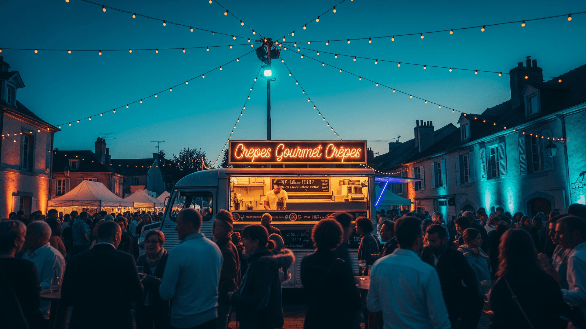 Food truck vintage de crêpes 'Crêpes Gourmet' éclairé au néon, servant lors d'un événement nocturne animé.