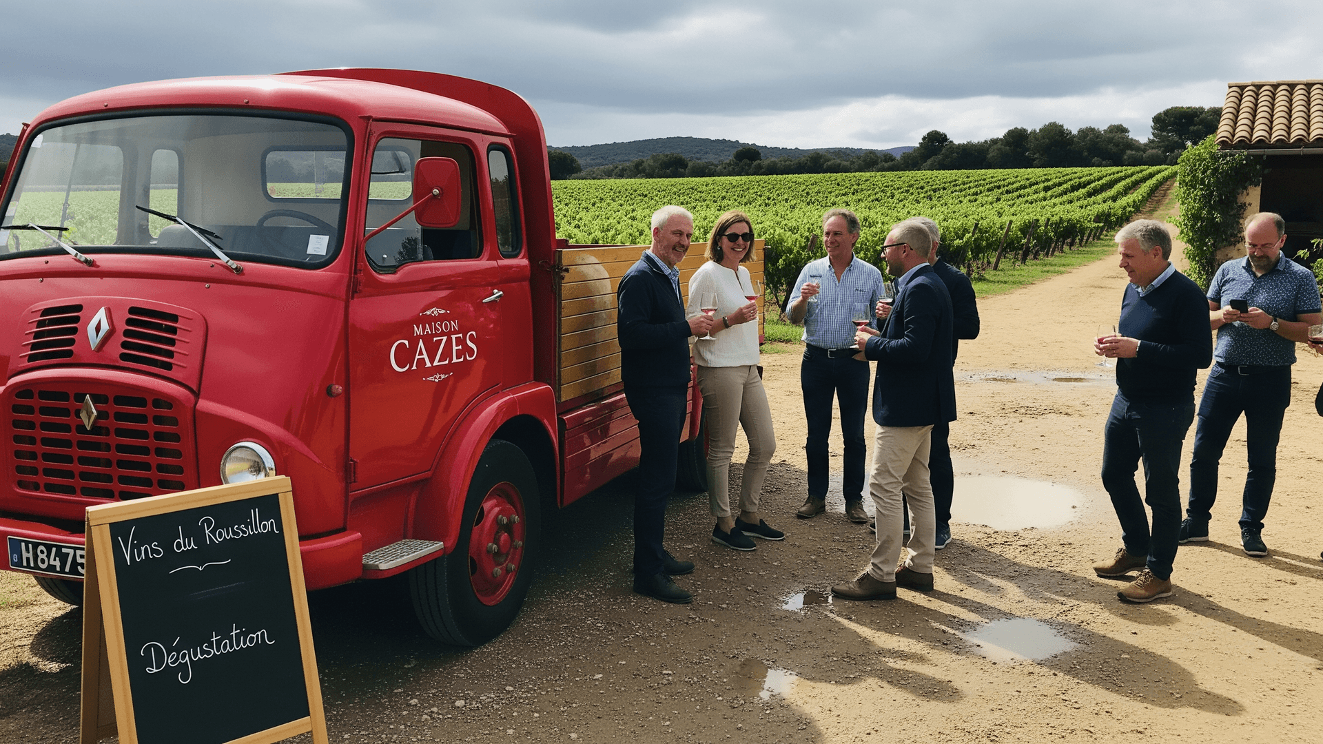 Food truck vintage Renault rouge Maison Cazes pour dégustation de vins en vignoble.