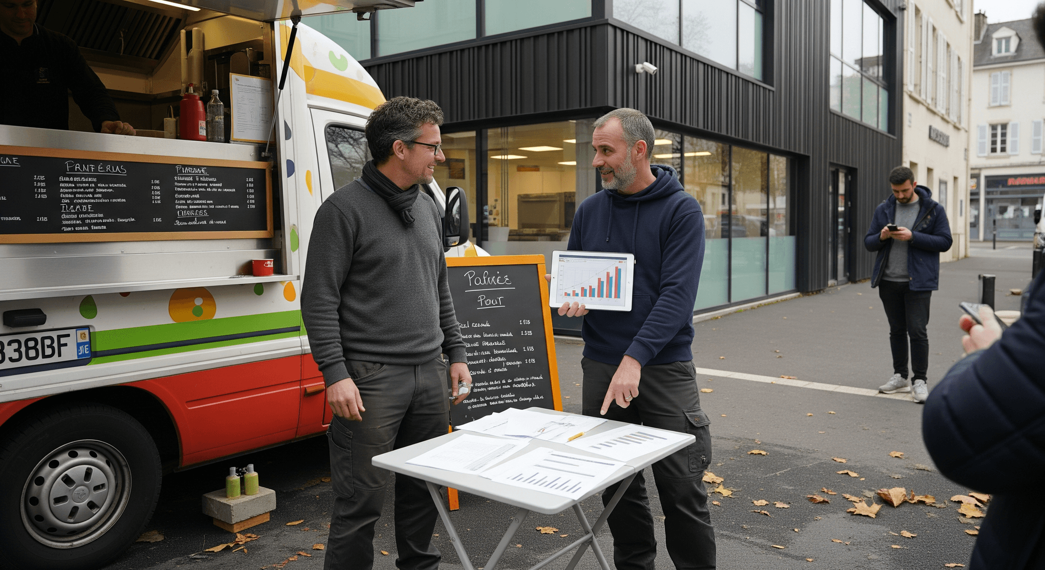 Deux professionnels analysent des données de performance devant un food truck MCR stationné, présentant un concept mobile de restauration.