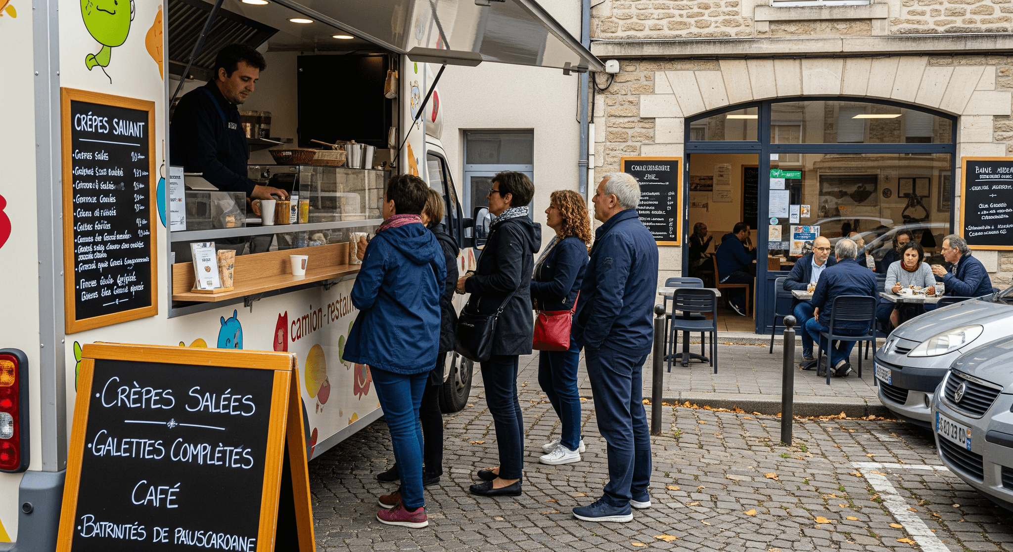 Food truck blanc proposant crêpes et galettes, avec un vendeur et des clients en file. Restauration mobile en milieu urbain.