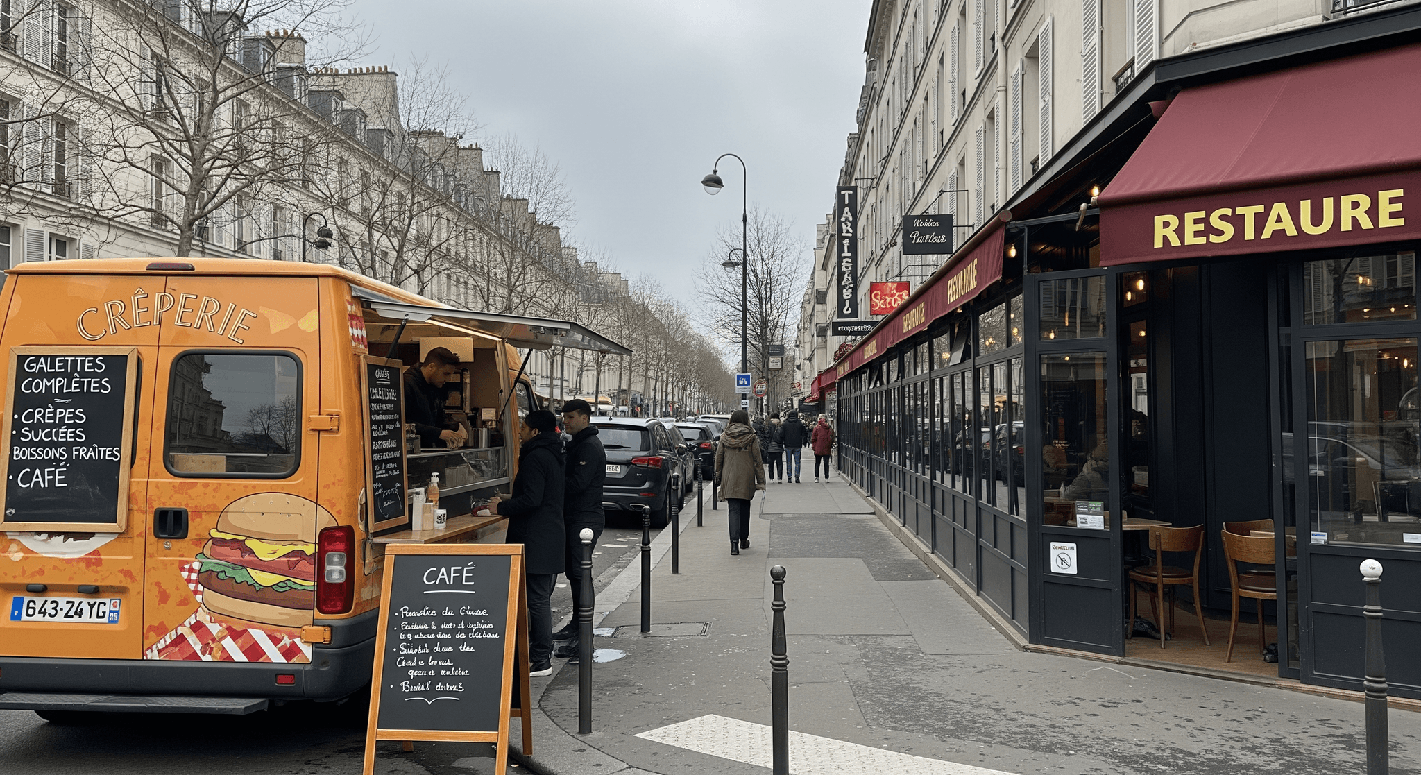 Fourgon aménagé orange en crêperie ambulante à Paris, proposant galettes et cafés devant un restaurant traditionnel.