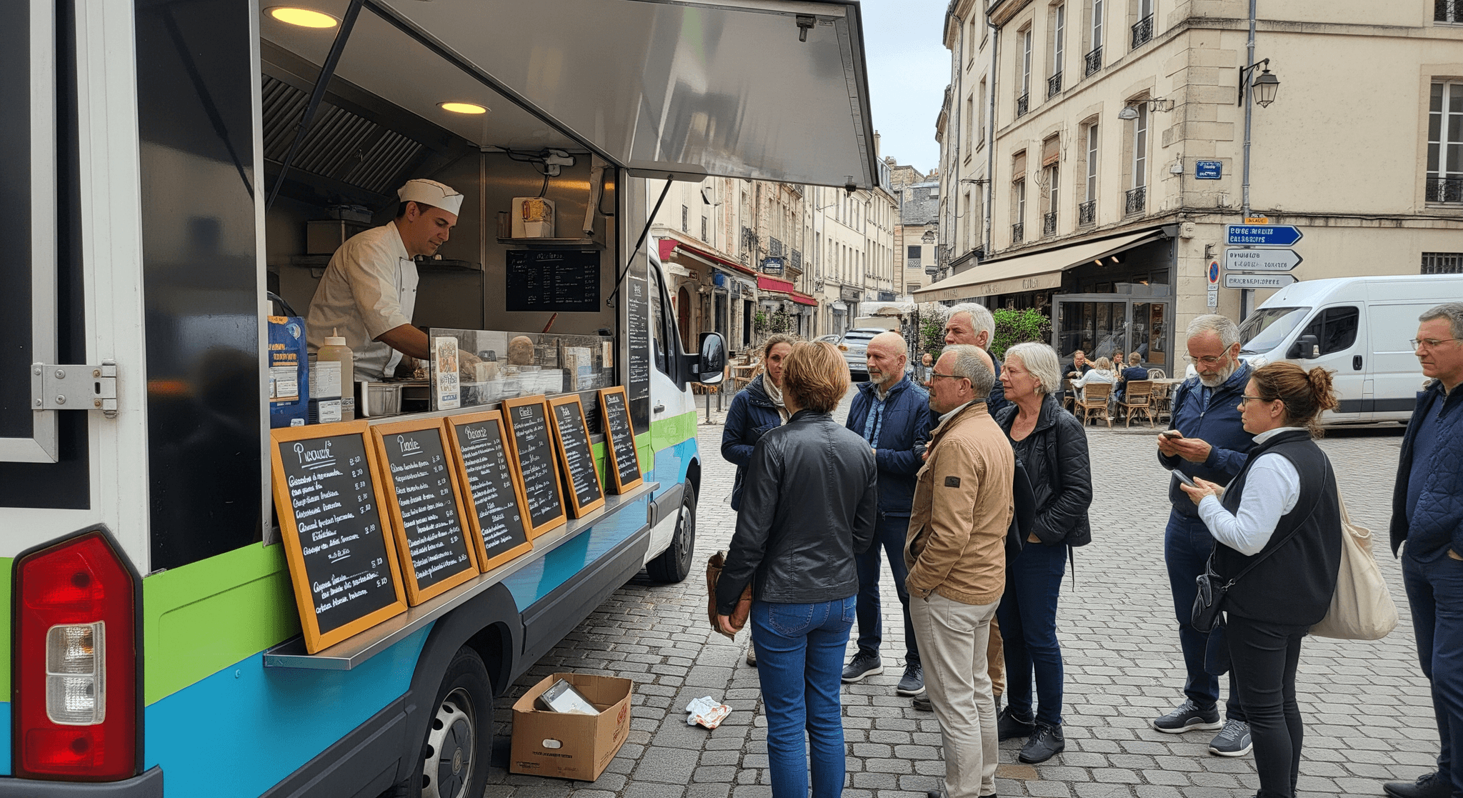 Food truck aménagé MCR en service : chef cuisinier et clients devant un comptoir équipé en centre-ville.