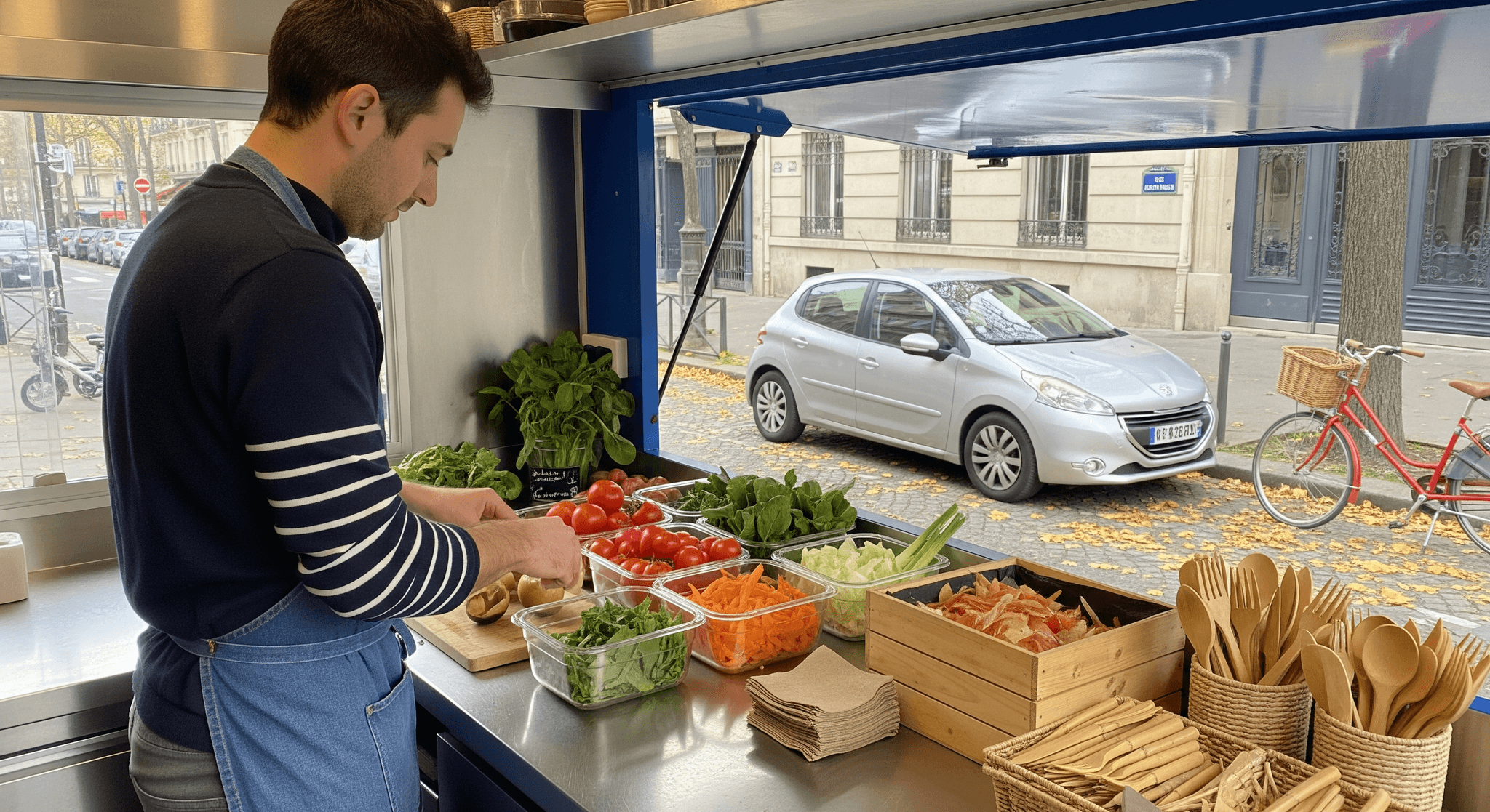 Chef préparant des légumes frais dans un food truck aménagé, ustensiles en bois pour restauration zéro déchet.