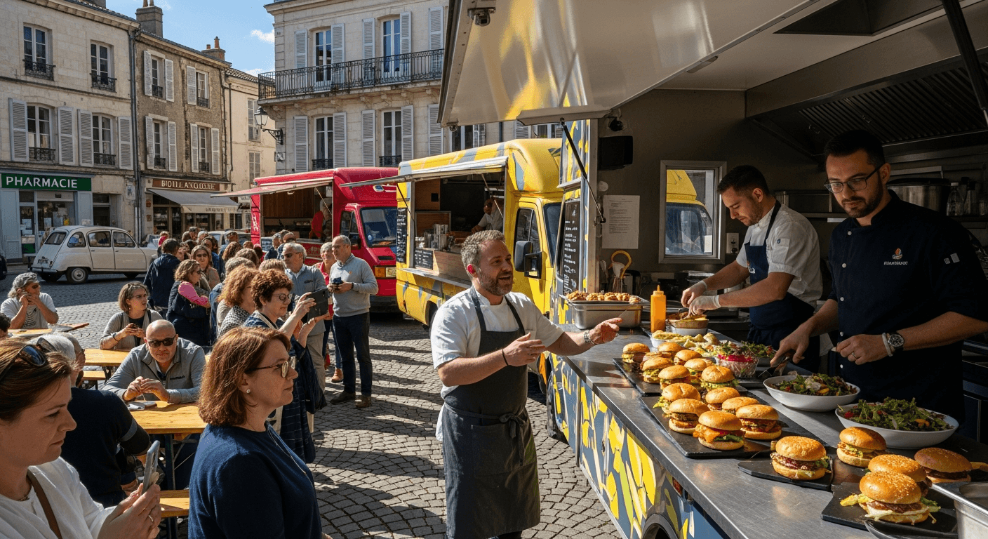 Food trucks colorés servant burgers gastronomiques sur place publique avec chefs en tablier et clients attablés