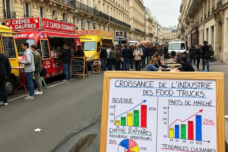 Food trucks colorés servant crêpes et frites belges dans rue parisienne avec graphiques croissance marché