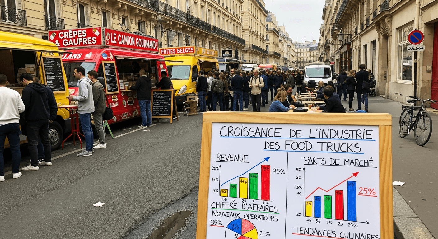 Food trucks colorés servant crêpes et frites belges dans rue parisienne avec graphiques croissance marché