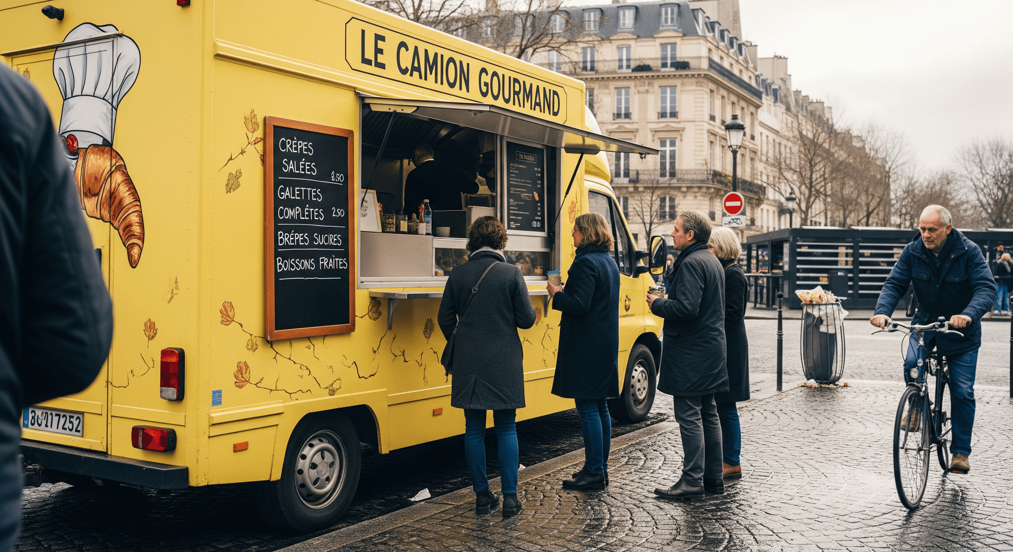 Food truck jaune 'Le Camion Gourmand' servant crêpes et galettes, clients devant le comptoir de vente en milieu urbain.
