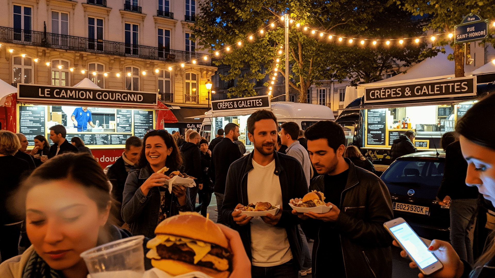 Food trucks "Le Camion Gourmand" et "Crêpes & Galettes" lors d'un marché nocturne parisien animé, clients dégustant burgers.