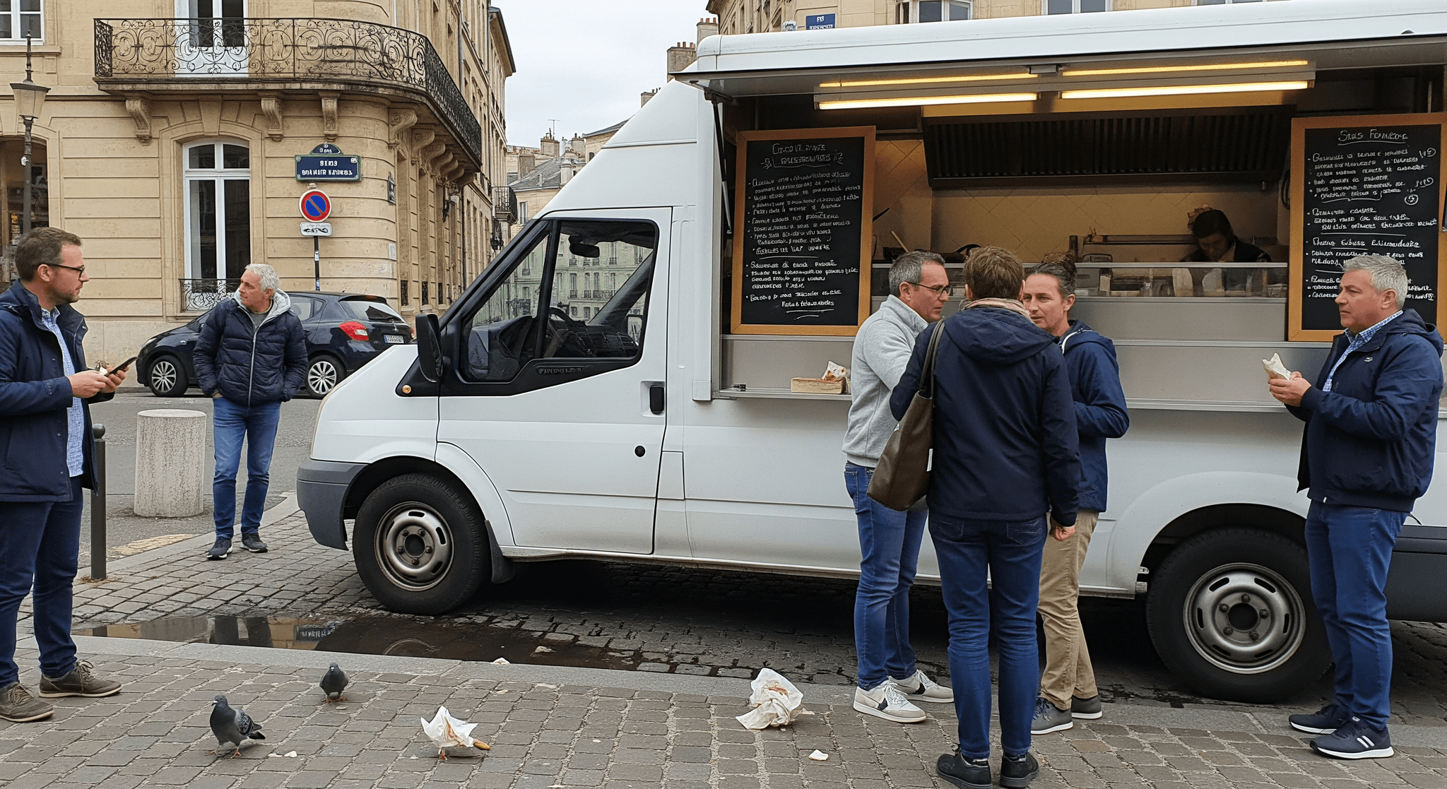 Ford Transit food truck blanc Mon Camion Resto aménagé, service traiteur de rue avec clients devant des menus ardoise.