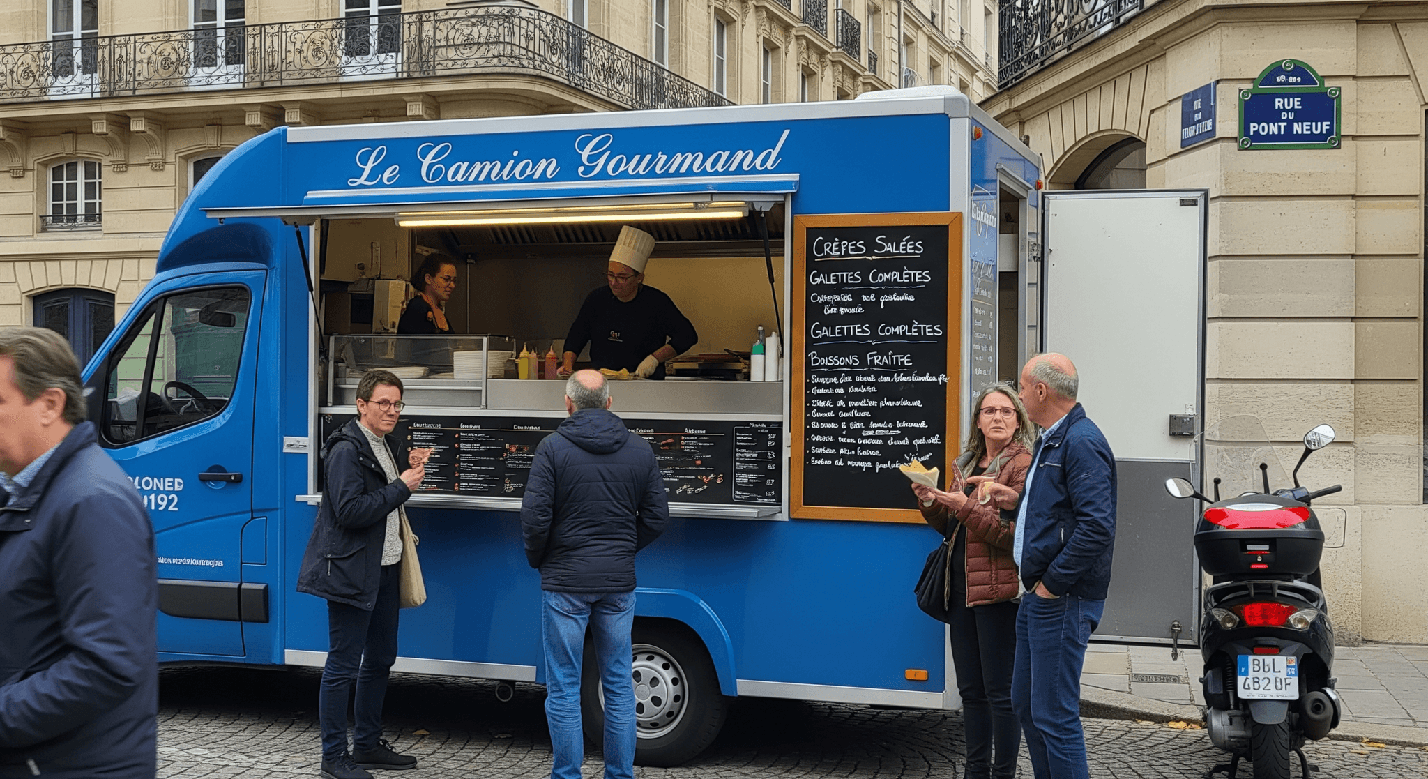 Camion aménagé bleu Le Camion Gourmand à Paris, chef cuisinier préparant crêpes et galettes pour clients en extérieur.