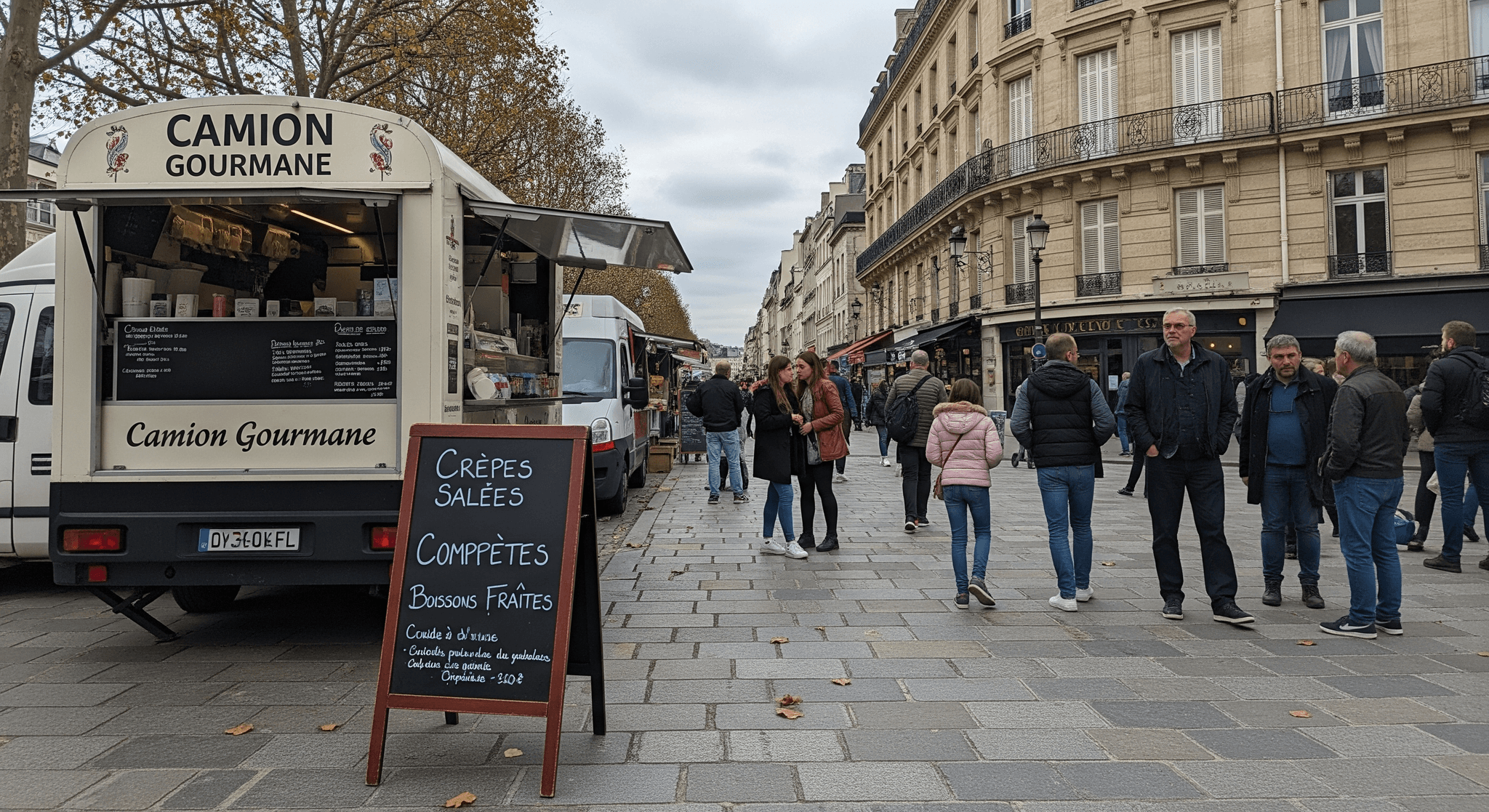 Food truck blanc 'Camion Gourmane' spécialisé en crêpes, installé sur une rue pavée animée. Un concept mobile de restauration.