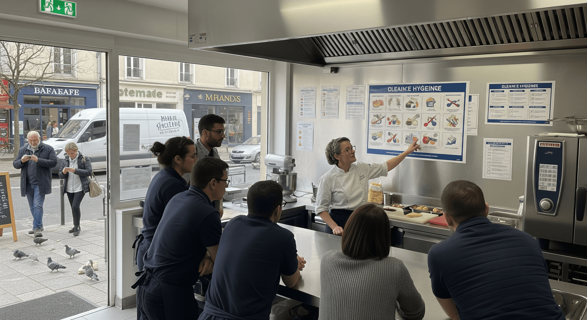 Formation HACCP en cuisine pro : chef explique les règles d'hygiène alimentaire à des futurs opérateurs de food truck.