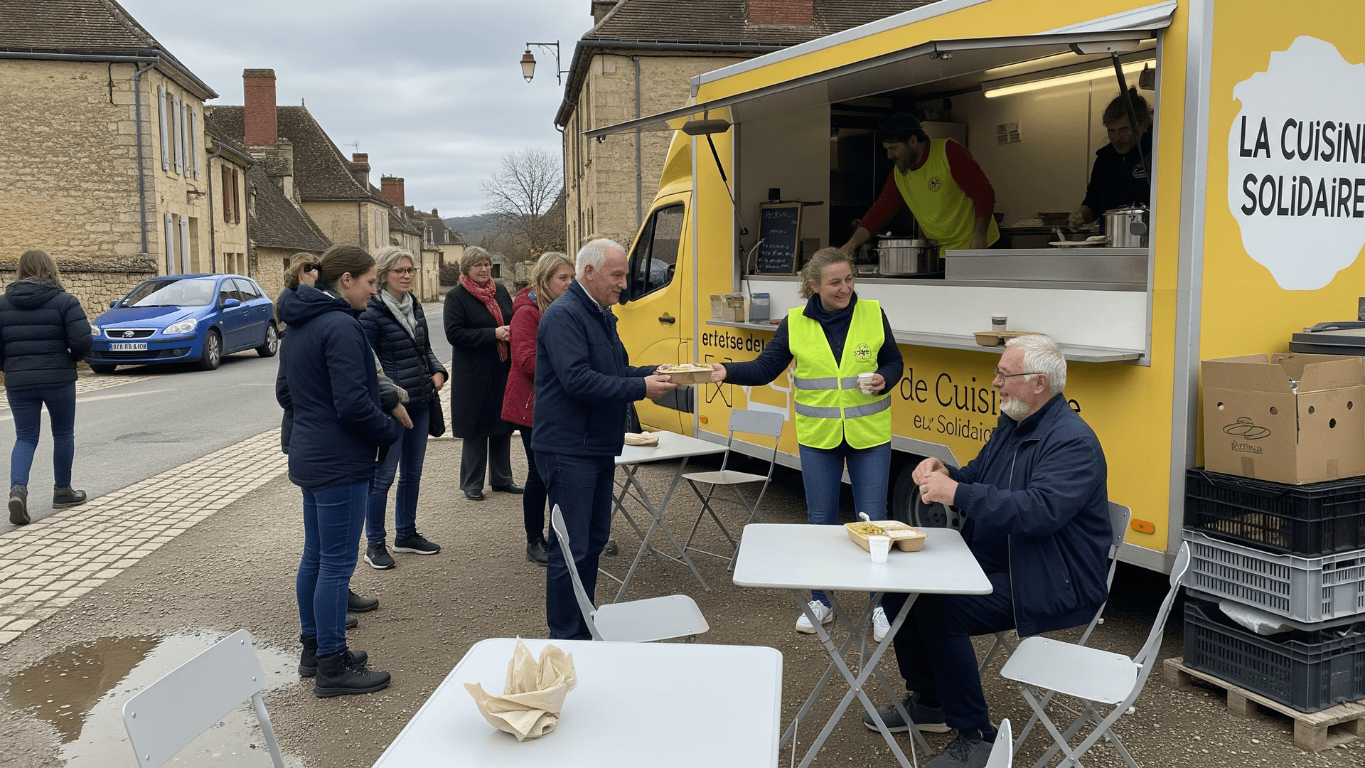 Fourgon food truck jaune, service "La Cuisine Solidaire", distribue des repas en extérieur en Dordogne.