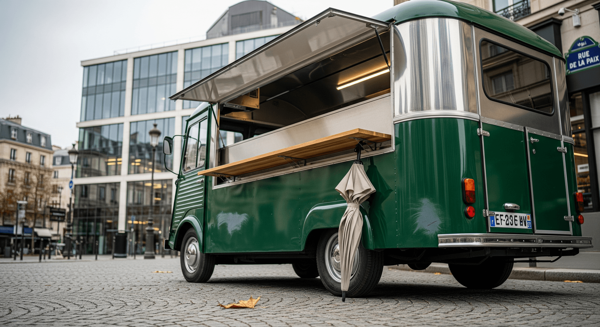 Food truck vintage Citroën Type H vert, hayon ouvert, comptoir bois, aménagement restauration.