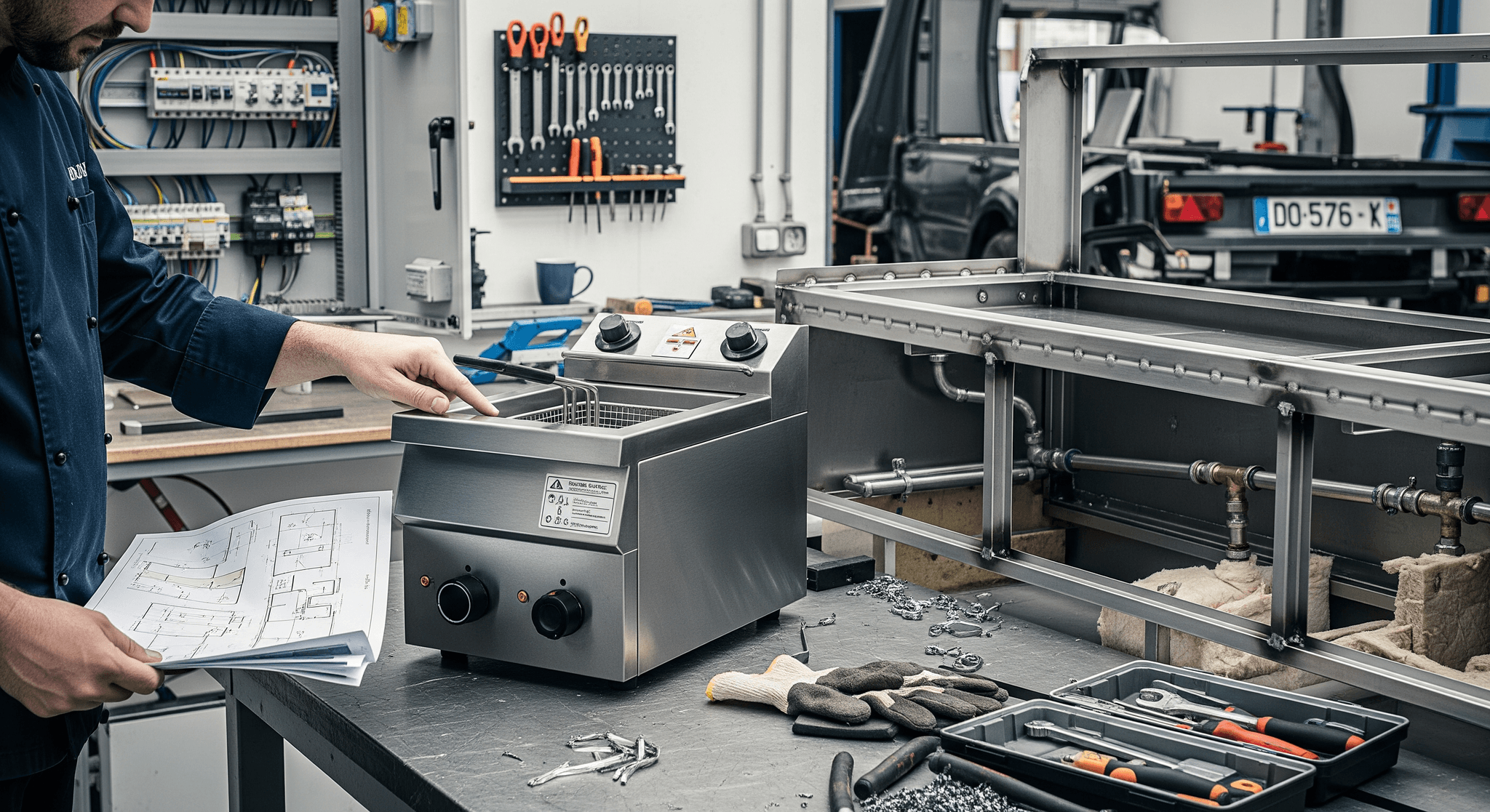 Technicien inspectant une friteuse professionnelle en inox lors de l'aménagement sur mesure d'un food truck.