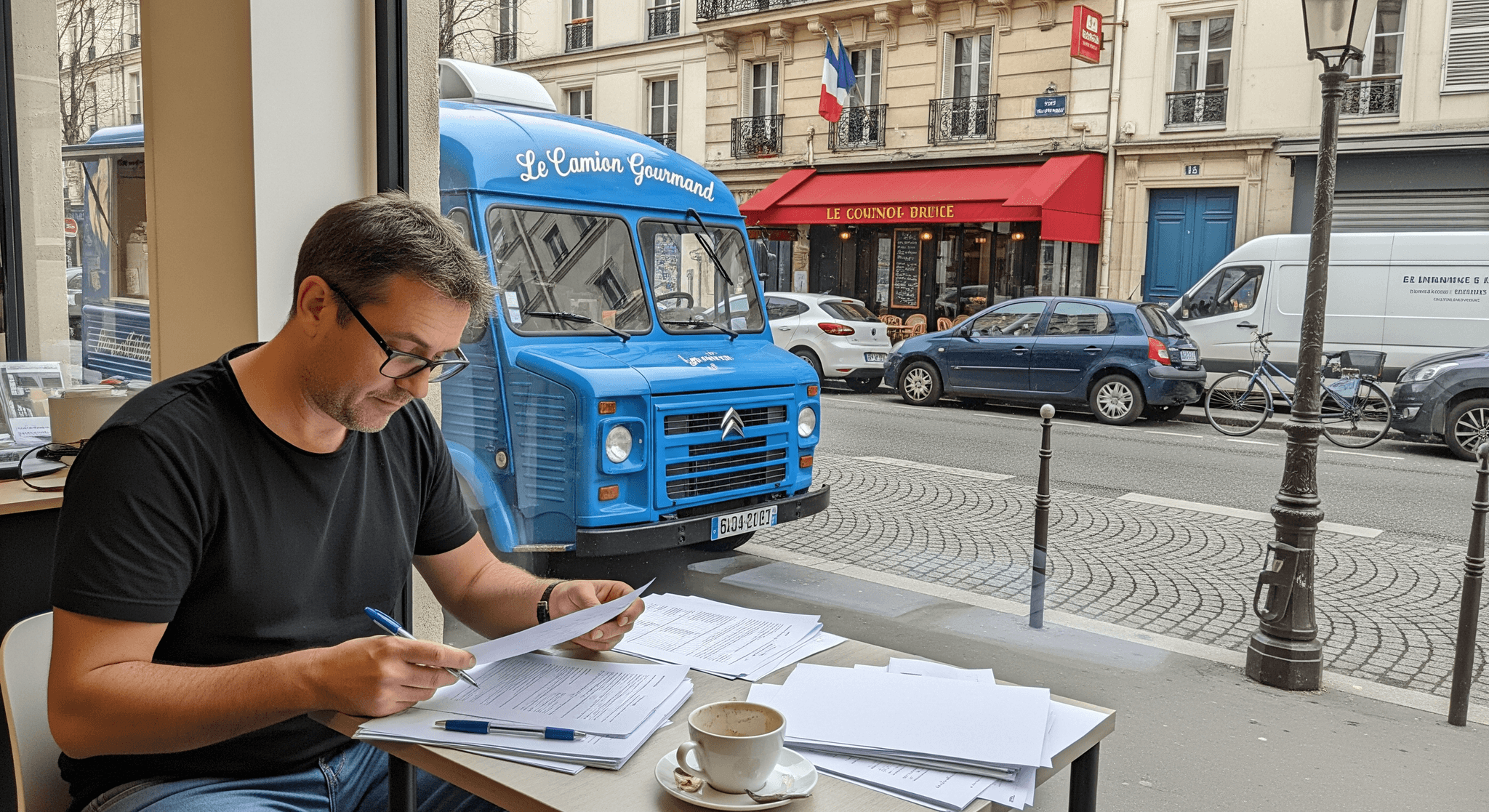 Entrepreneur étudiant des documents, un food truck Citroën HY bleu "Le Camion Gourmand" visible en arrière-plan urbain.