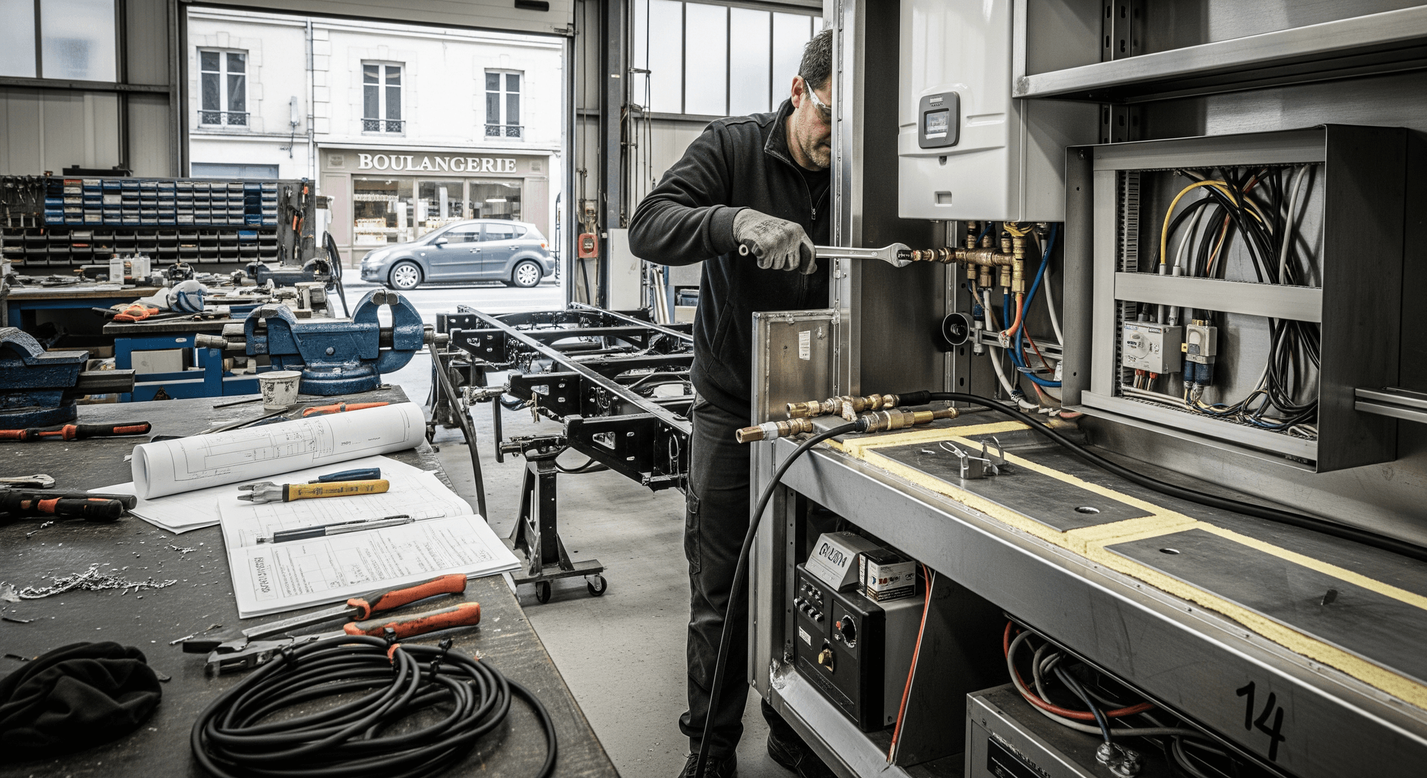 Technicien MCR installe système gaz et plomberie sur mesure dans un futur food truck, garantissant sécurité et conformité.