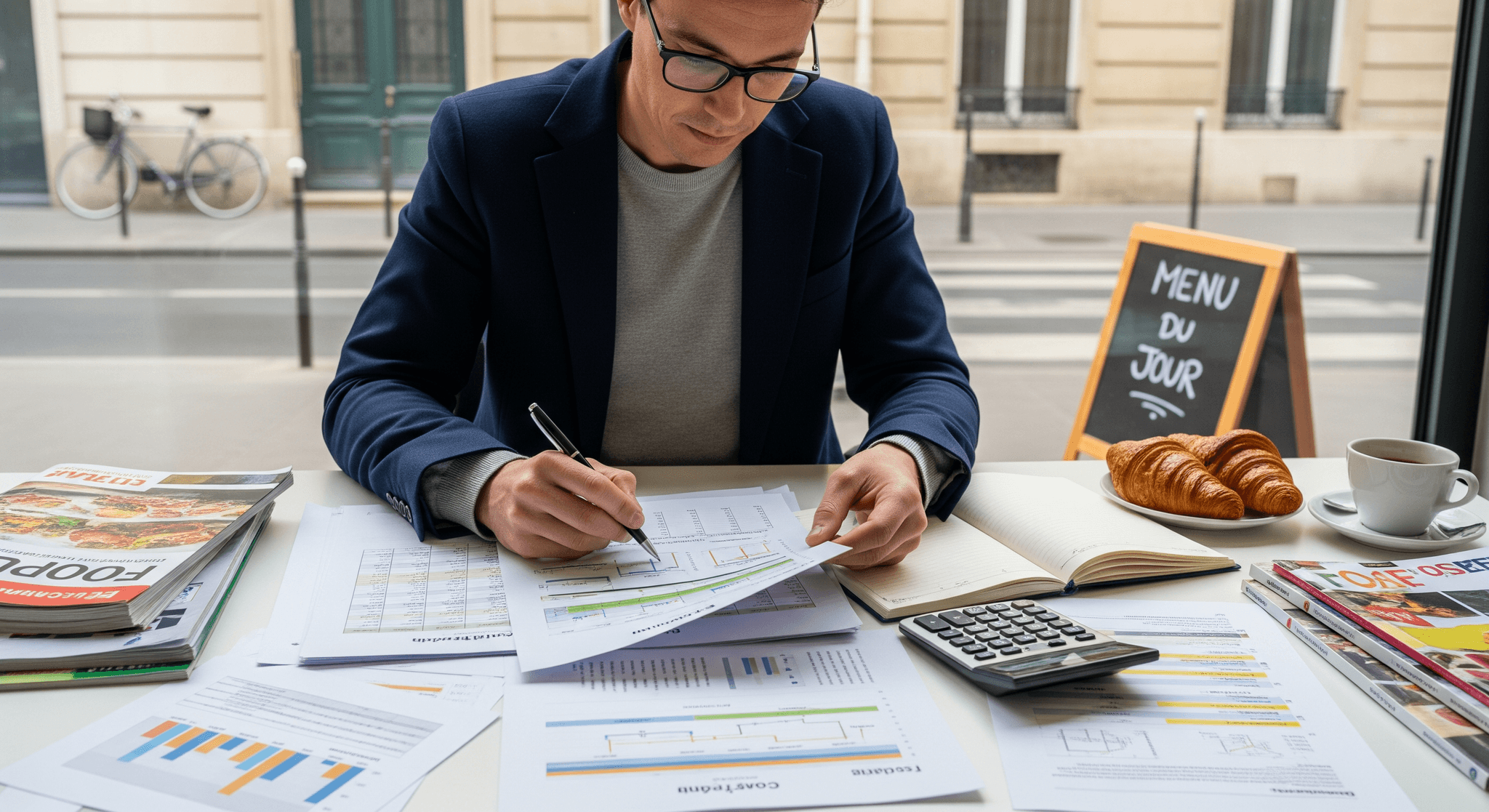 Expert analysant la trésorerie d'un food truck ou concept mobile avec rapports financiers et calculatrice.