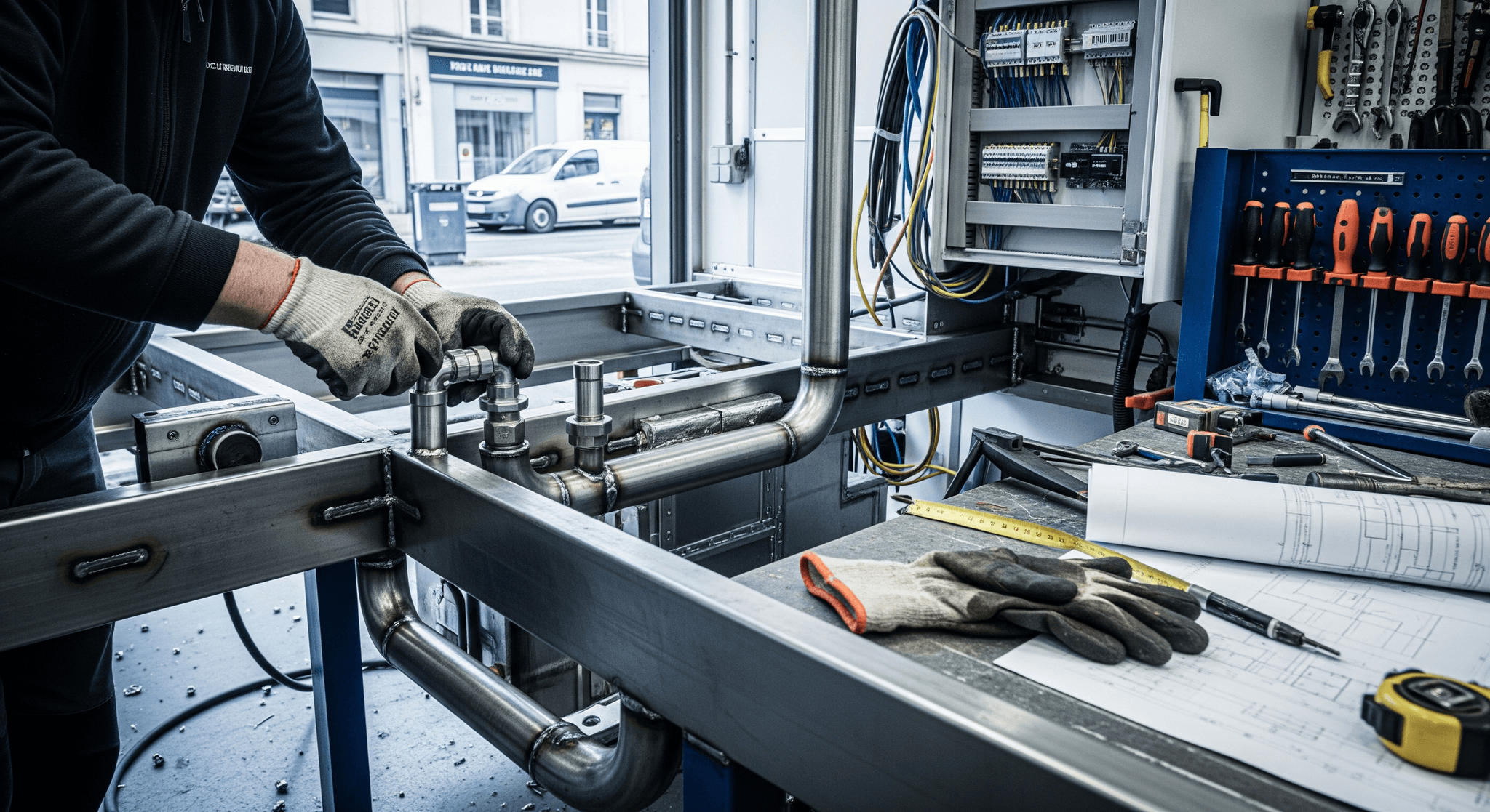 Technicien installant un réseau de plomberie en acier inoxydable pour la gestion des eaux usées d'un food truck.