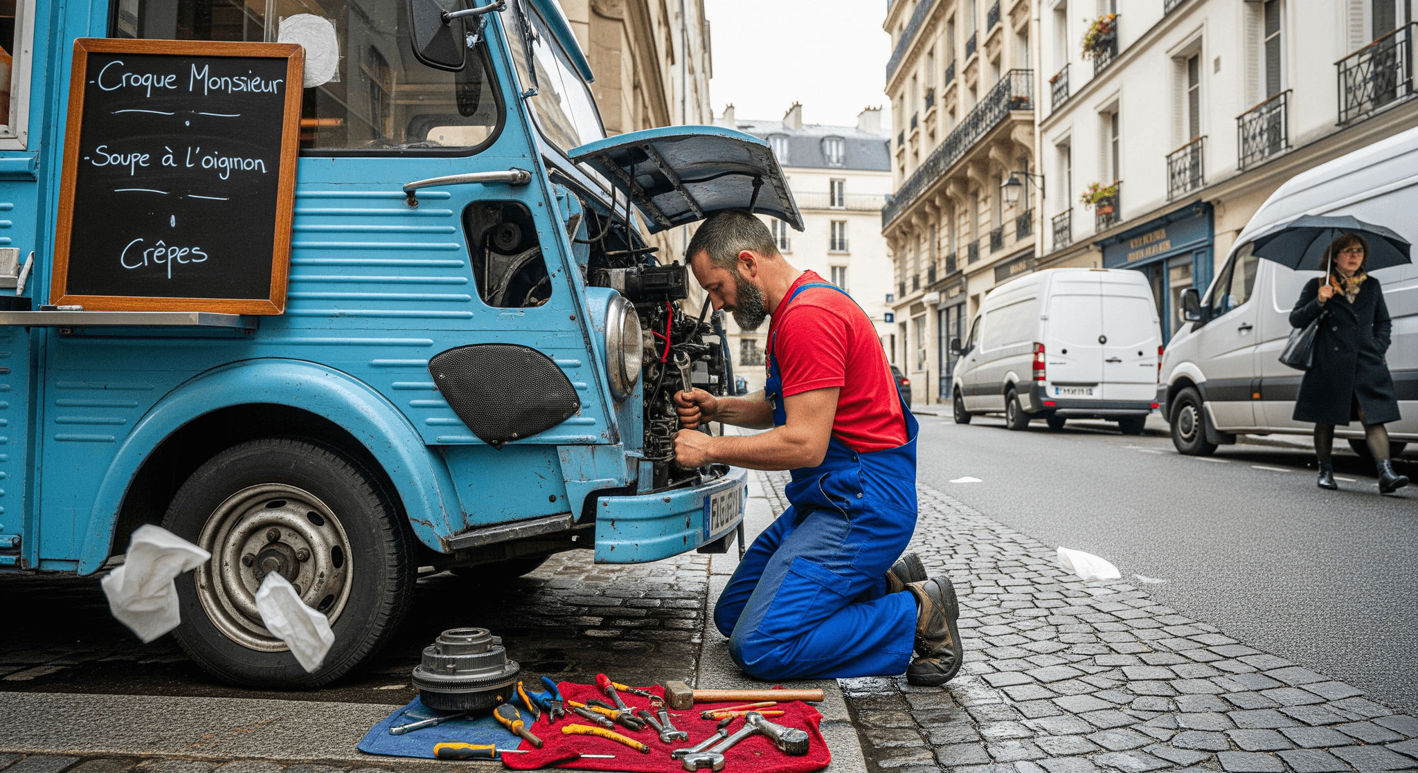 Dépannage d'un food truck Citroën HY bleu clair en ville : un mécanicien répare le moteur, outils au sol. Menu visible.