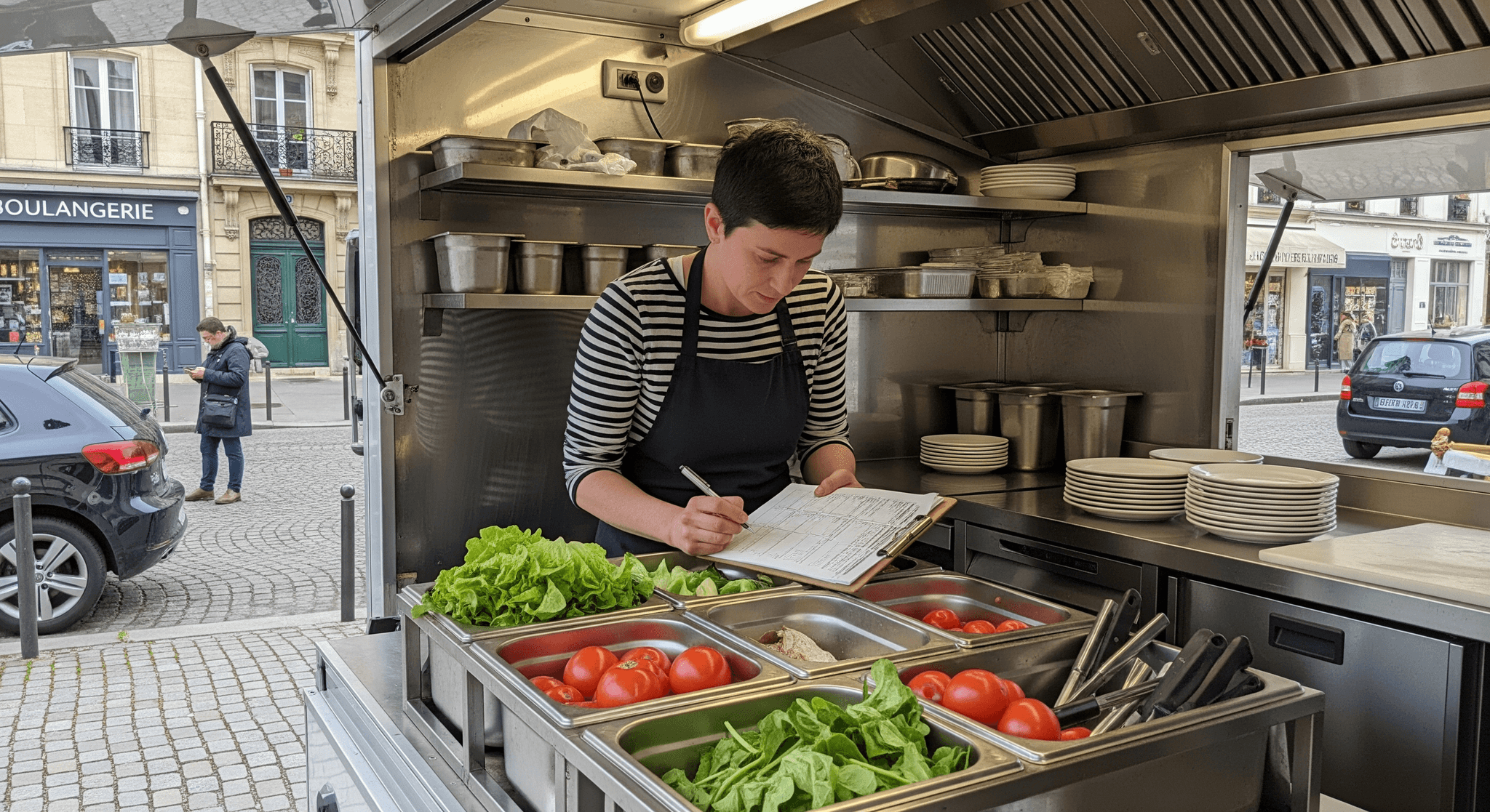 Cuisinier en tablier vérifiant les stocks dans un food truck, ingrédients frais en bacs inox sur le comptoir.