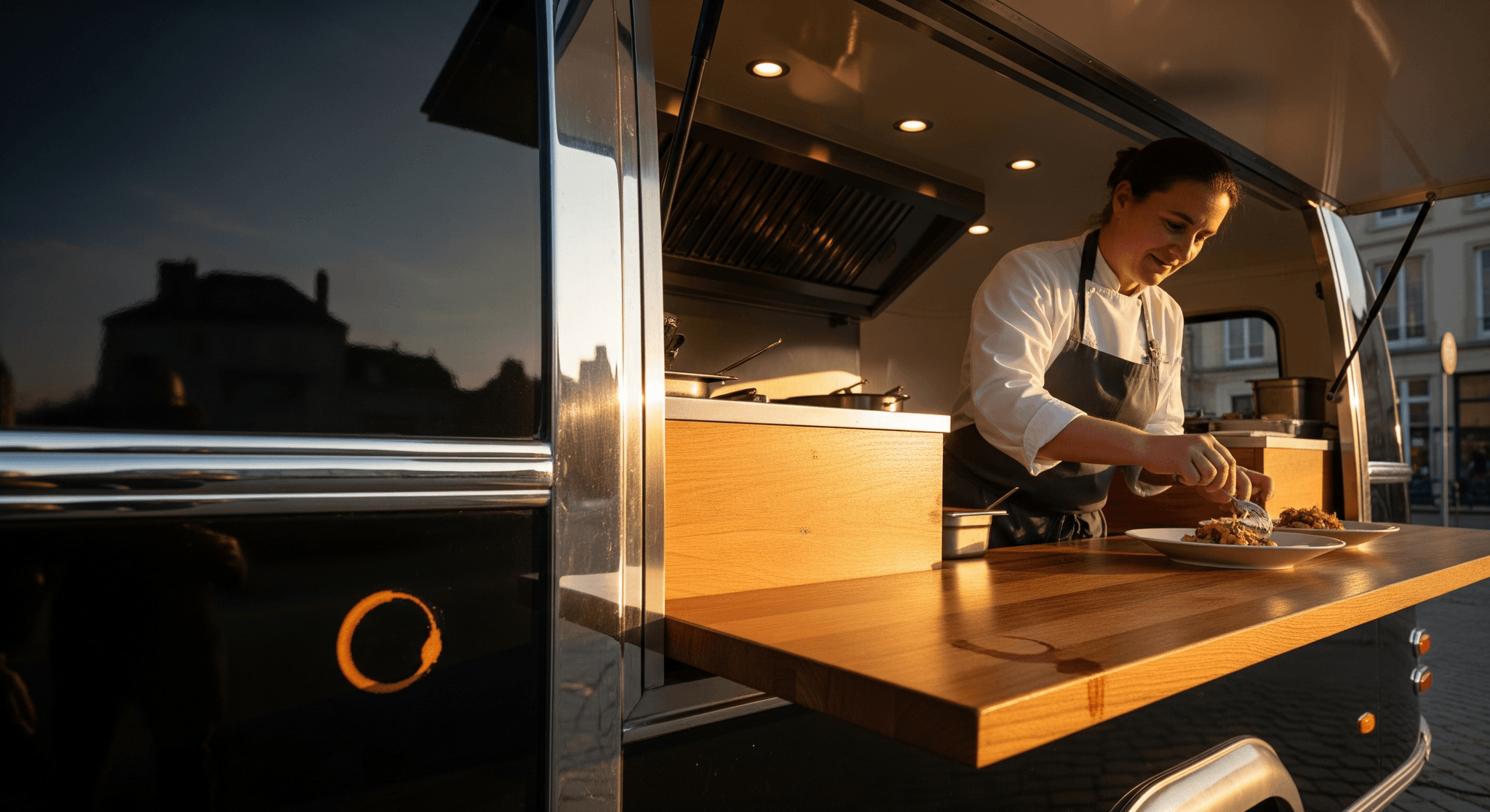 Chef dans un food truck noir Mon Camion Resto, préparant des plats sur comptoir bois clair, cuisine mobile aménagée.