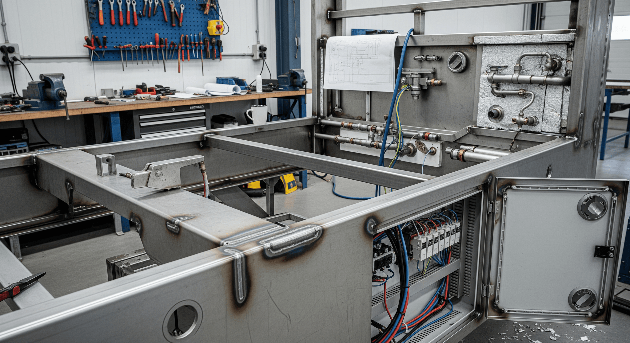 Châssis inox robuste pour grill barbecue professionnel intégré, avec systèmes de plomberie et électrique.