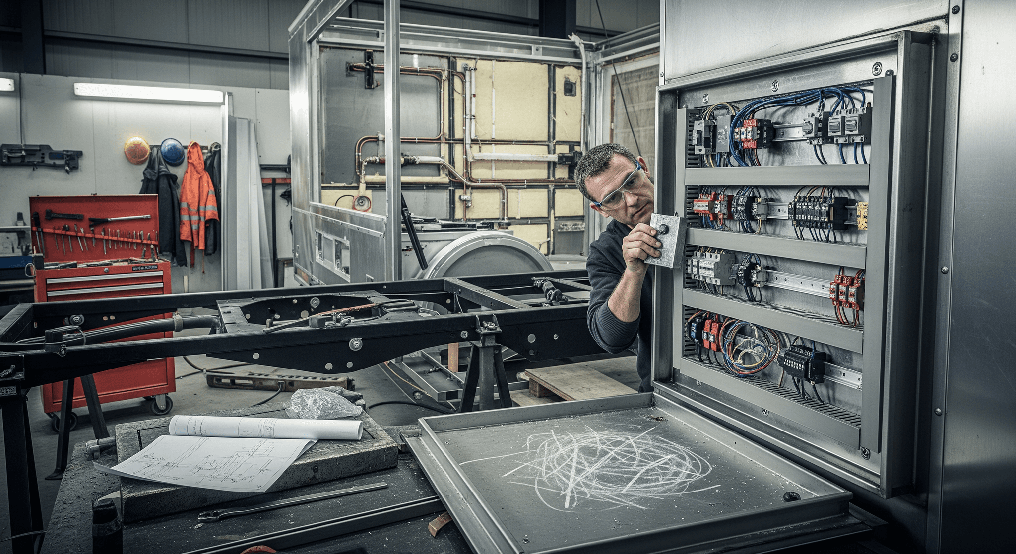Technicien MCR configure un tableau électrique complexe pour l'alimentation d'un food truck professionnel en fabrication.