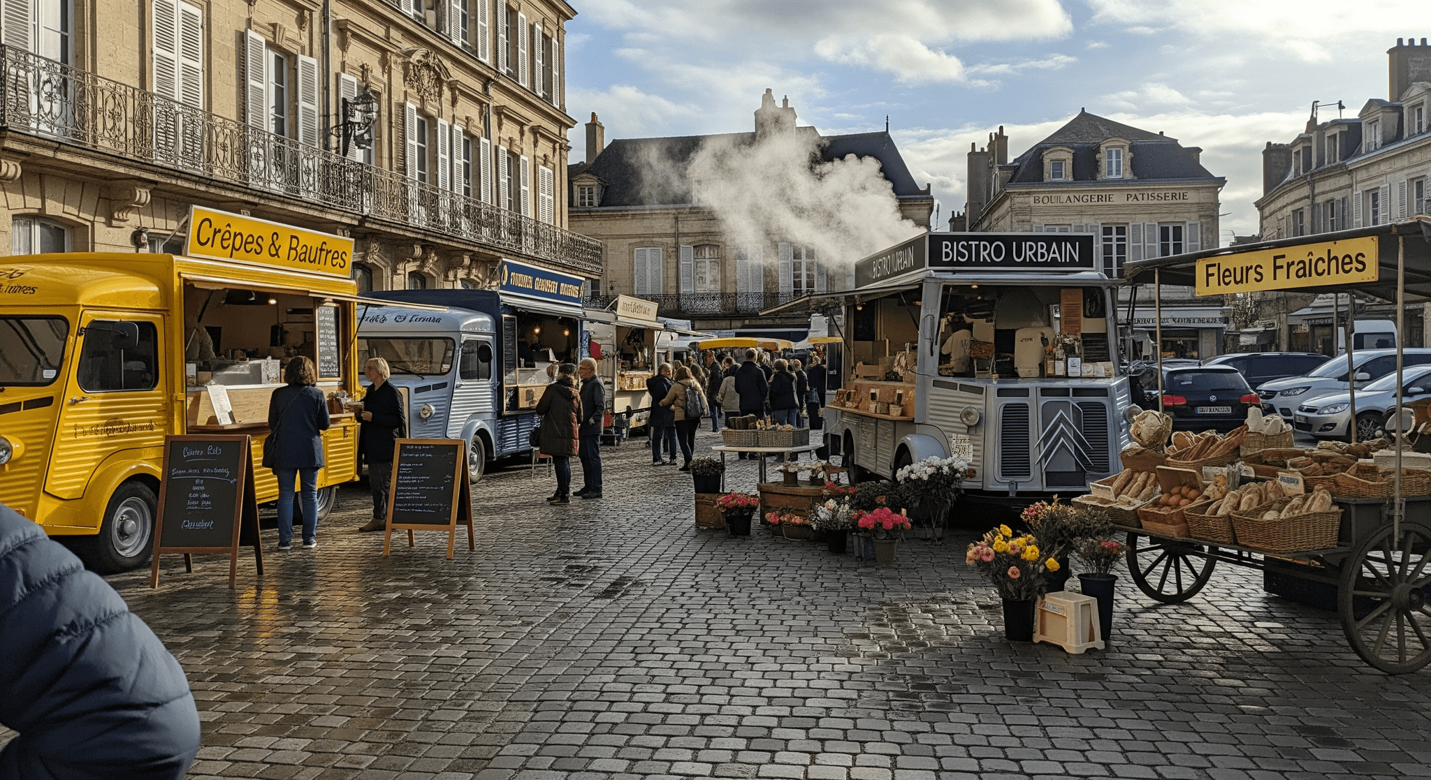 Marché français animé avec des food trucks Citroën Type H (crêpes, bistro urbain) et foule, sur place pavée historique.