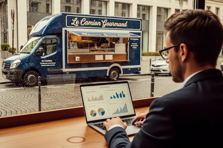 Homme en costume analysant des données sur ordinateur portable face à un food truck Le Camion Gourmand sur une place urbaine