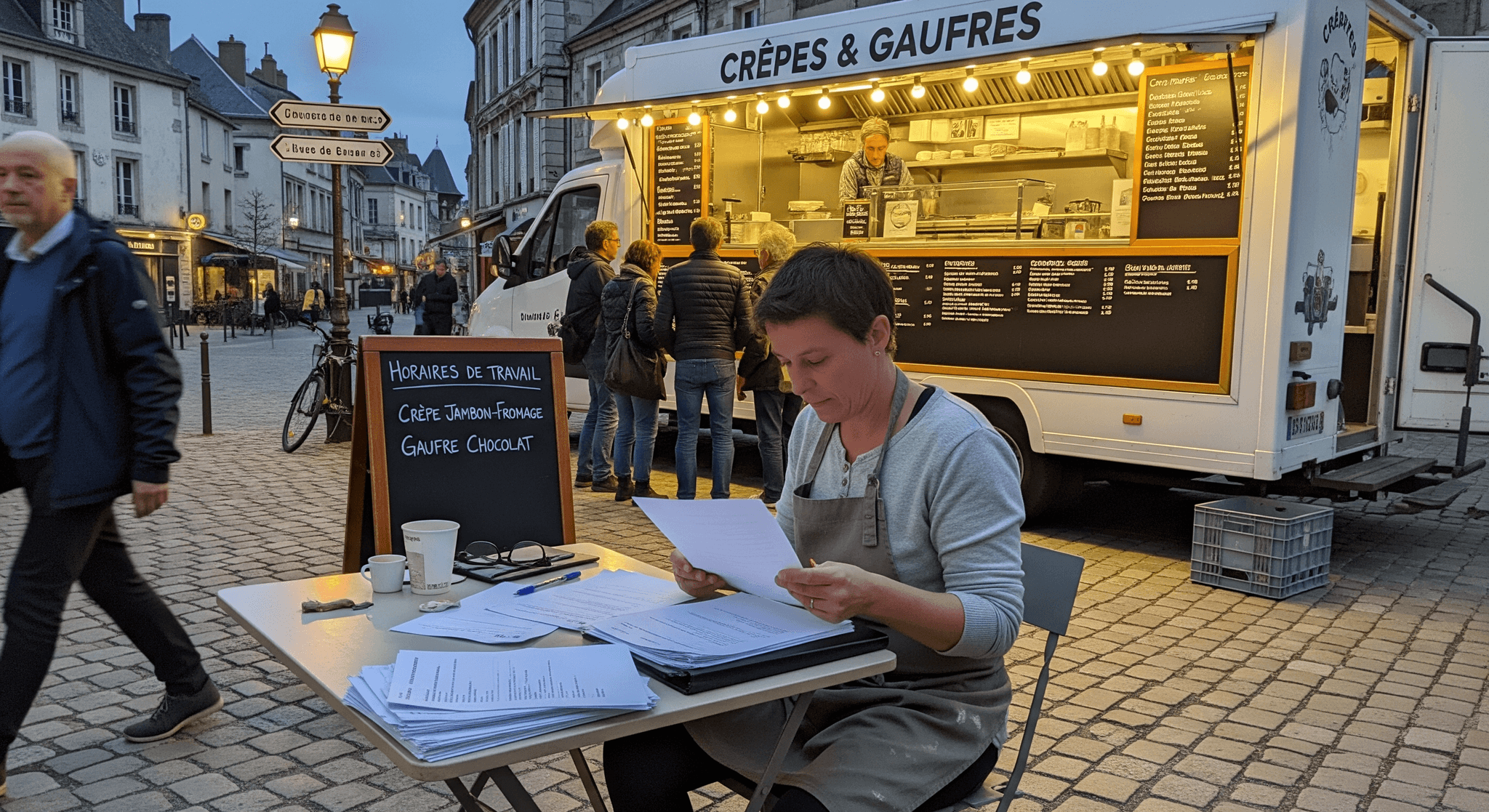 Femme en tablier gérant des documents administratifs devant un food truck crêpes et gaufres. Panneau "Horaires de travail" visible.