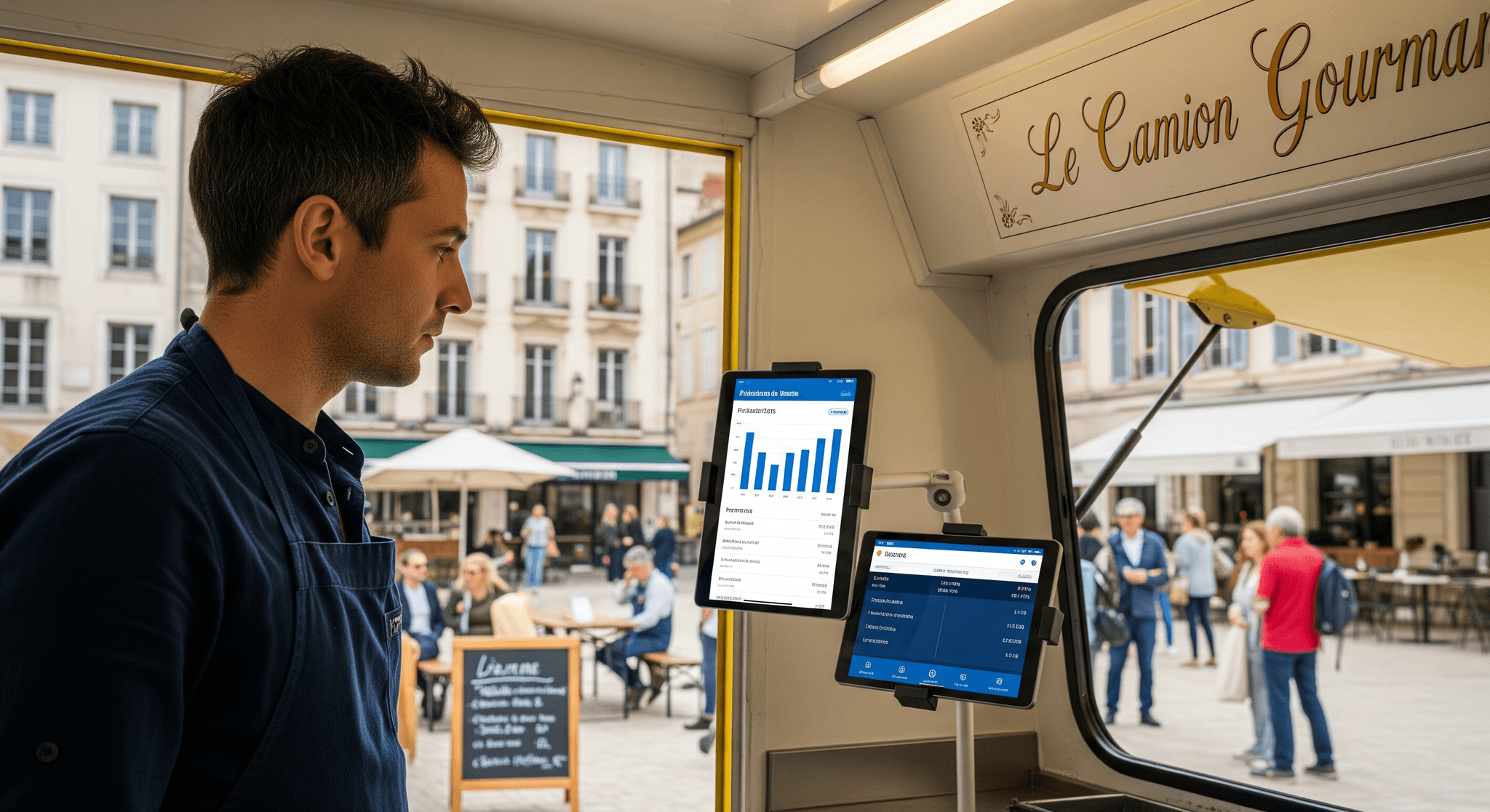 Opérateur d'un food truck aménagé visualisant les ventes sur deux tablettes tactiles. Gestion numérique de la restauration mobile.