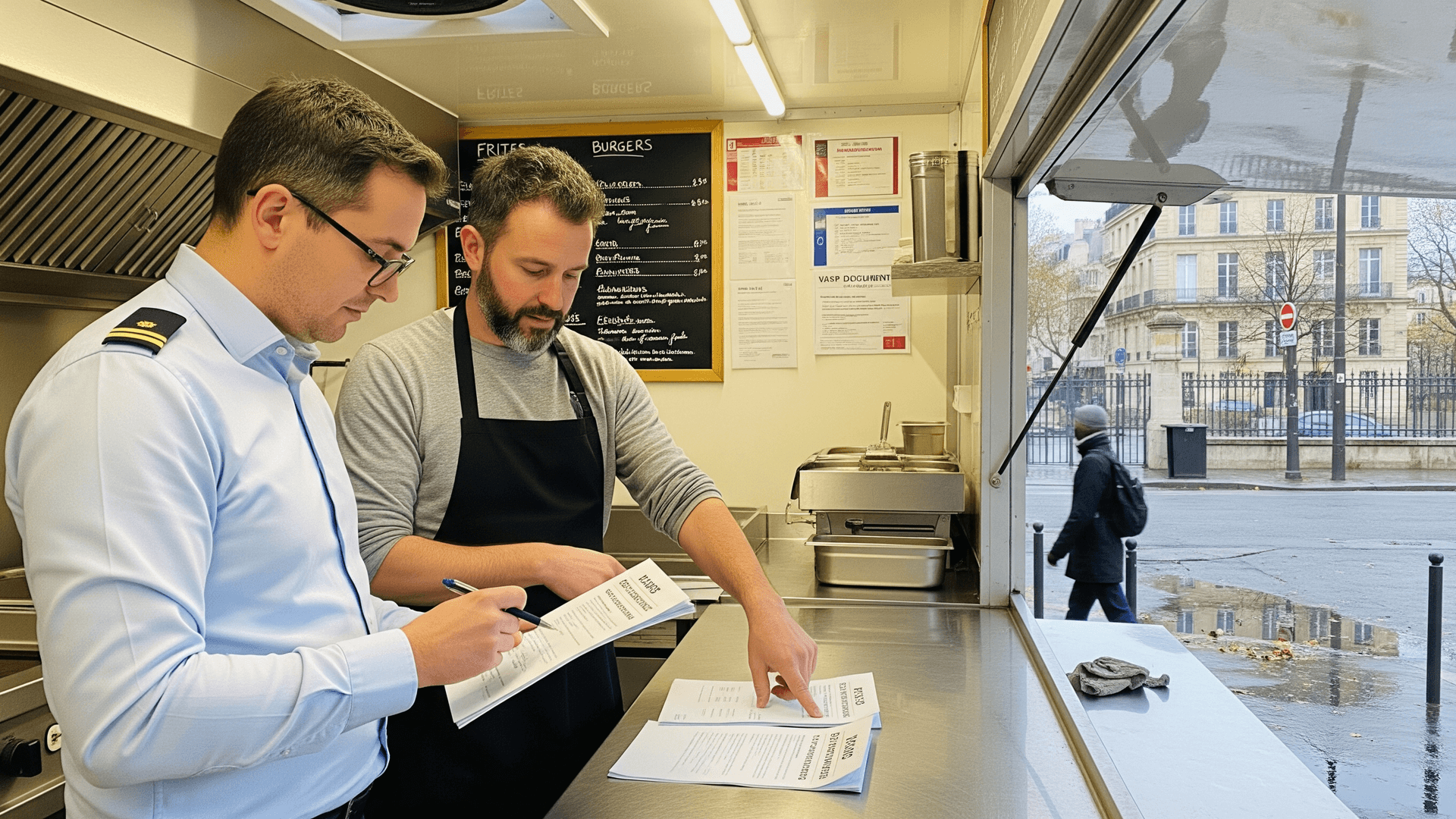 Inspecteur et exploitant vérifient les normes VASP dans la cuisine inox d'un food truck professionnel.