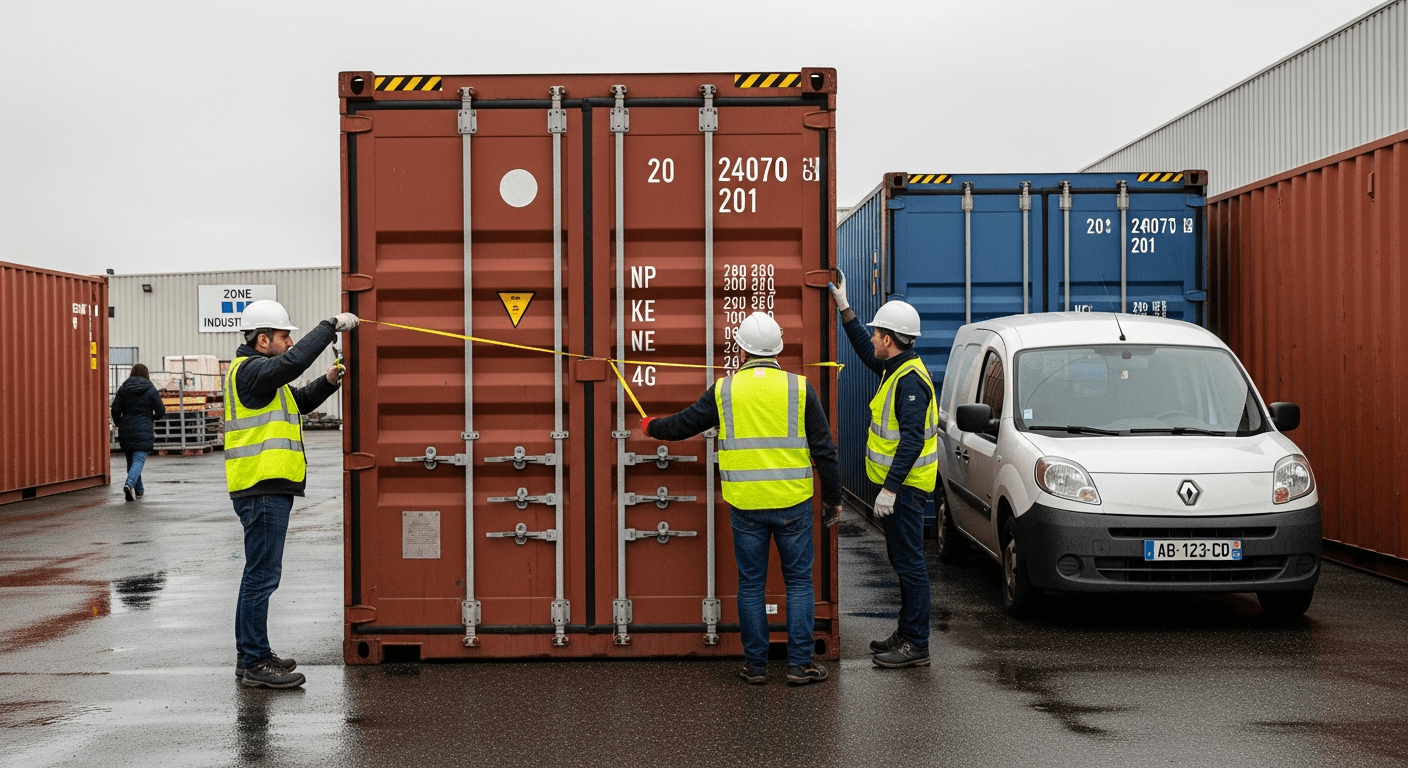 Inspection de container maritime rouge par équipe sécurité avec gilets jaunes et casques blancs