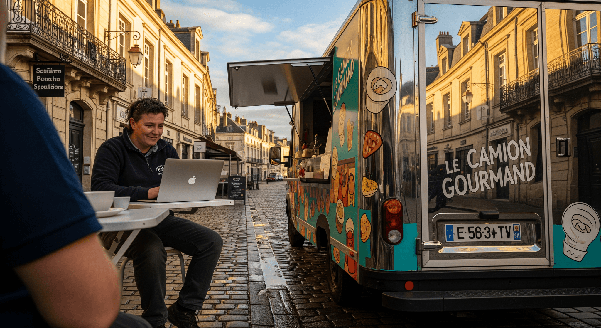 Food truck coloré 'Le Camion Gourmand' personnalisé, stationné sur une rue pavée. Entrepreneur en restauration ambulante travaillant sur ordinateur.