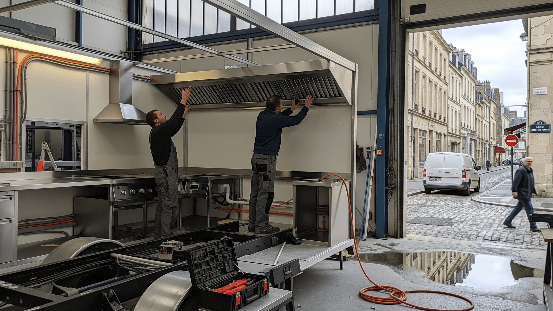 Installation d'une hotte d'extraction professionnelle en inox dans une cuisine de food truck en cours d'aménagement.