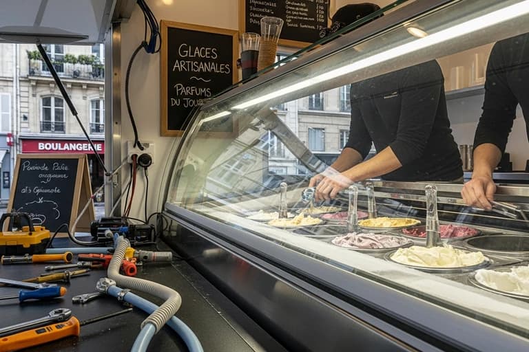Installation d'une vitrine réfrigérée à glaces artisanales dans un food truck avec outils de montage