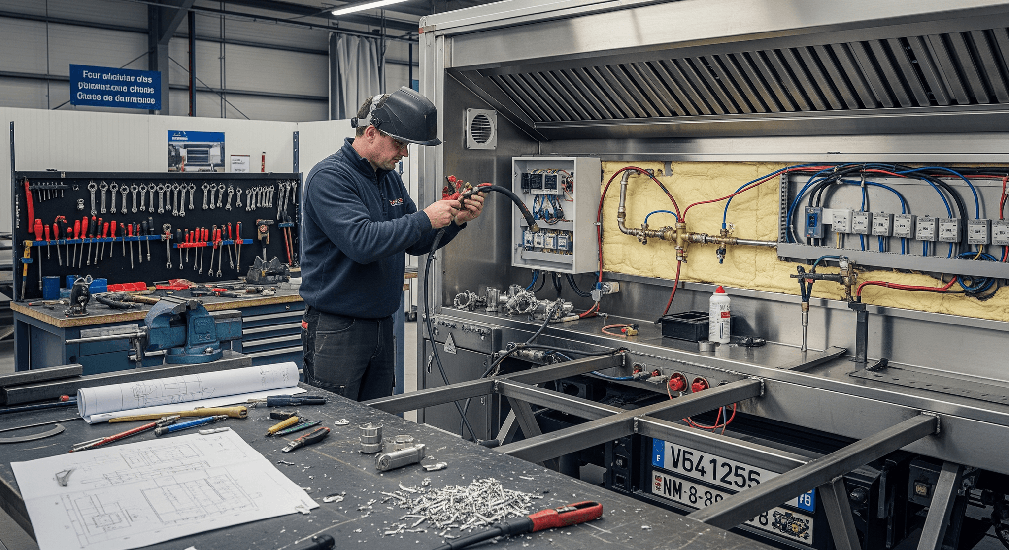 Technicien installe le réseau gaz et électrique dans l'aménagement intérieur d'un food truck en acier inoxydable.