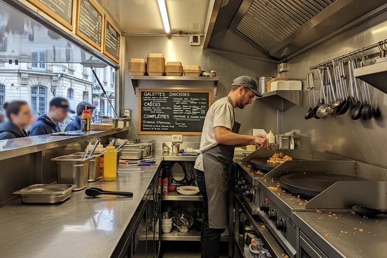 Intérieur food truck avec cuisine professionnelle inox, chef en action et clients au comptoir