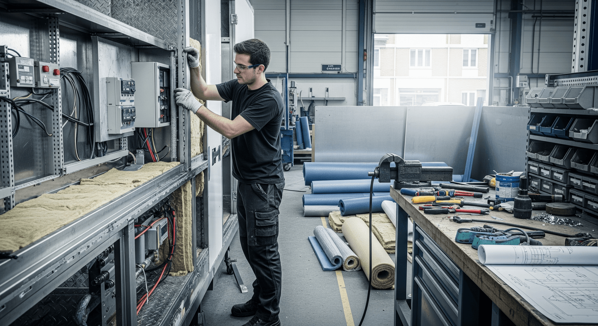 Technicien installant l'isolation thermique et phonique et le système électrique d'un food truck