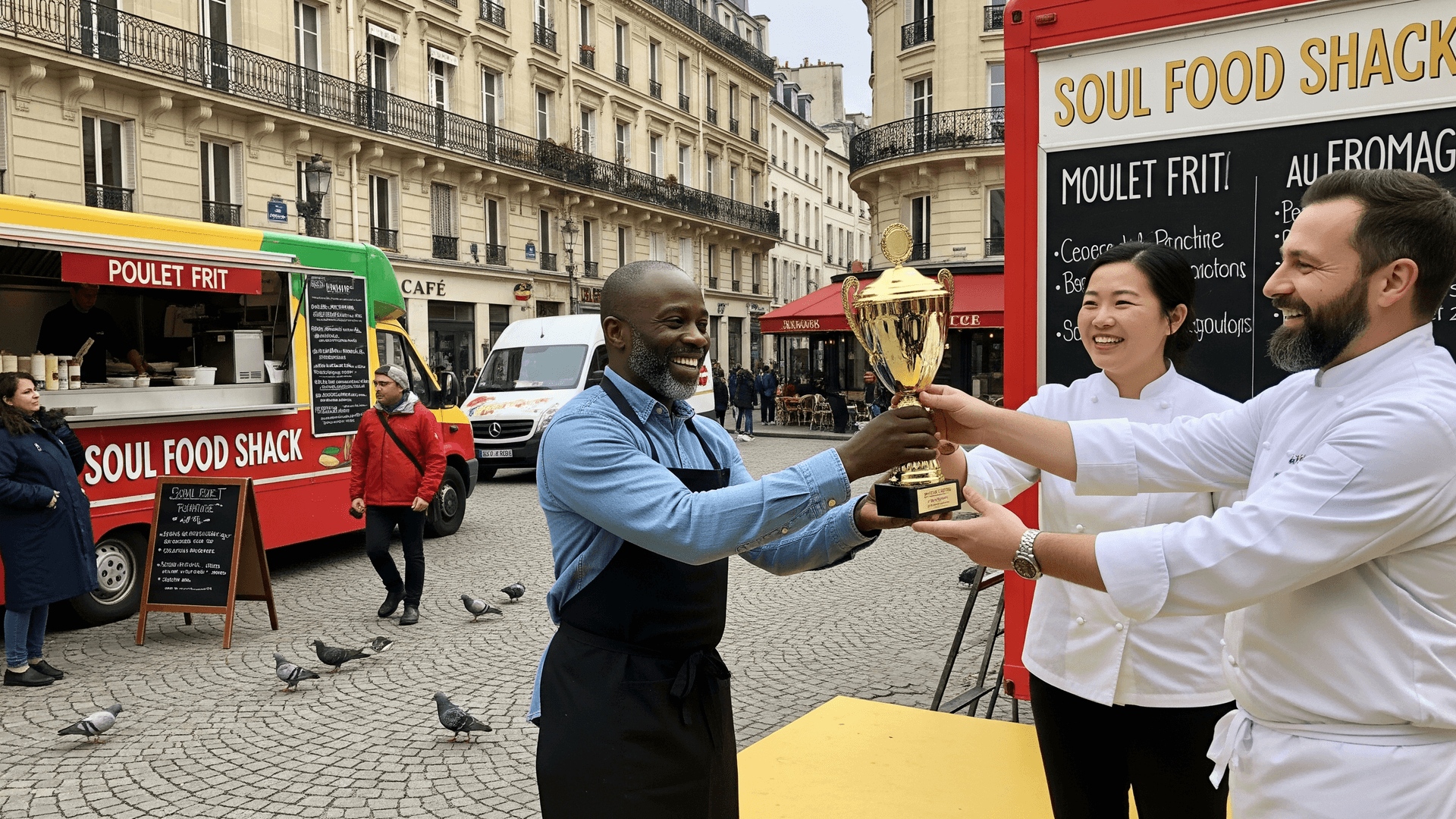 Lauréat de New Soul Food reçoit un trophée devant son food truck "Soul Food Shack" en service, dans une rue pavée de Paris.