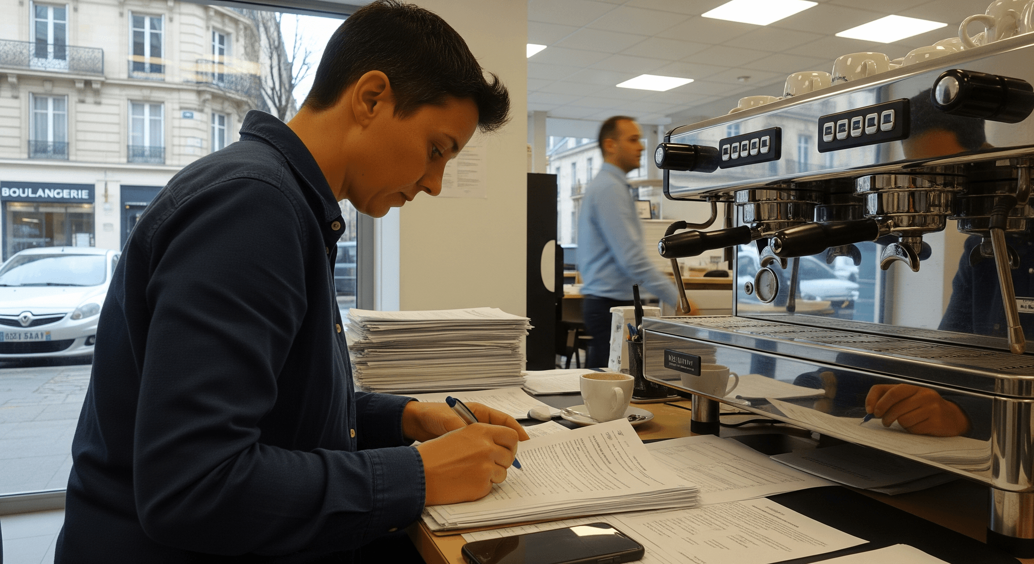 Gestion administrative : personne remplissant demande de licence pour food truck café devant une machine à expresso pro.