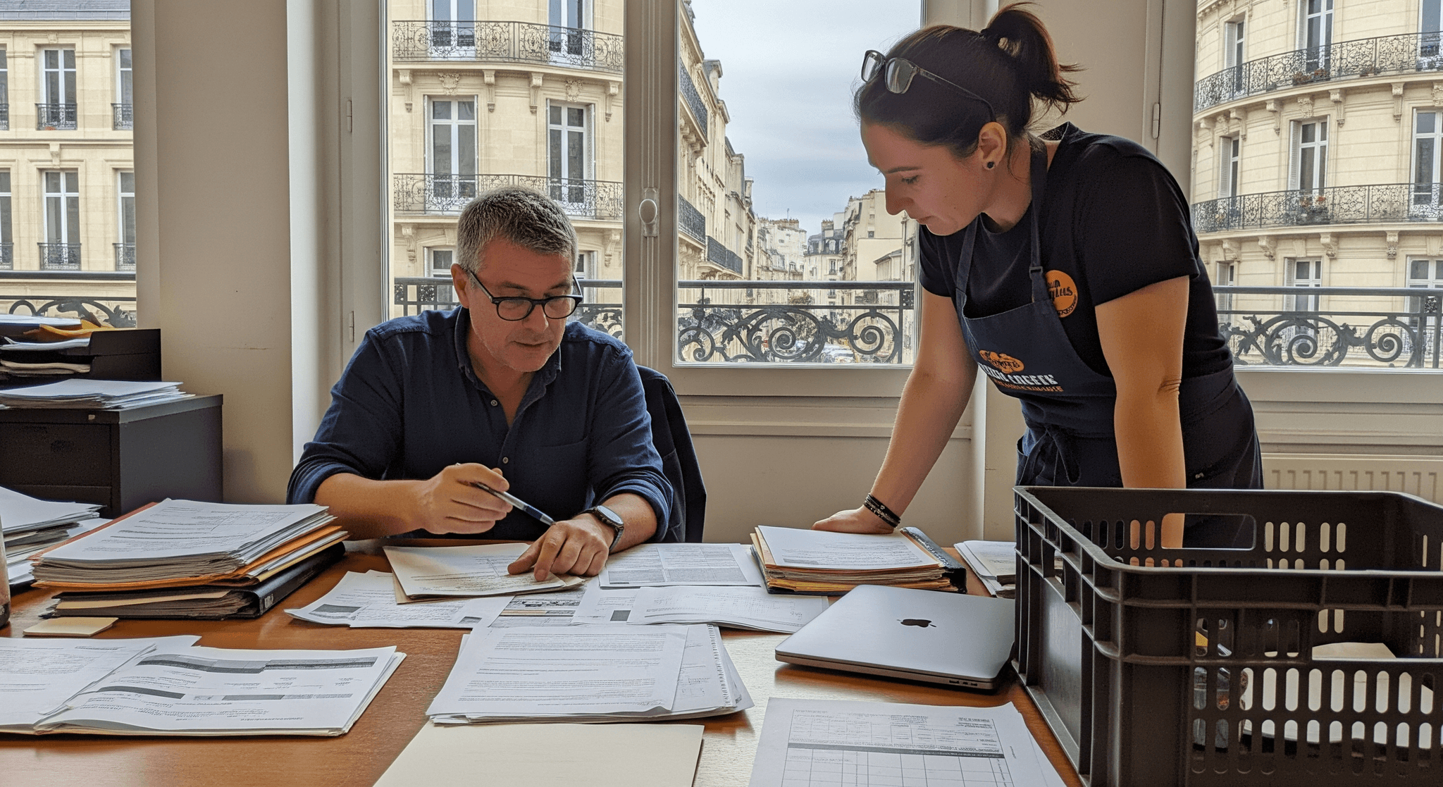 Conseiller MCR et cliente discutent un dossier de licence de grande restauration pour food truck traiteur.