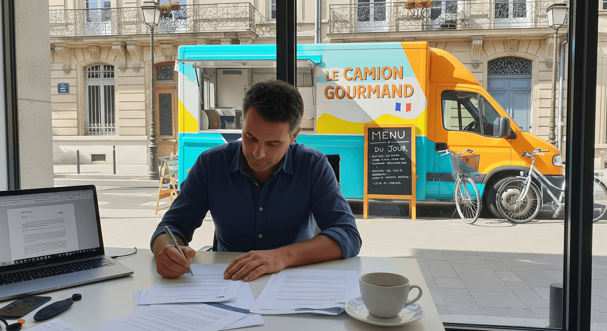 Signature d'un contrat LLD pour un food truck "Le Camion Gourmand" orange et turquoise, concept de restauration mobile.